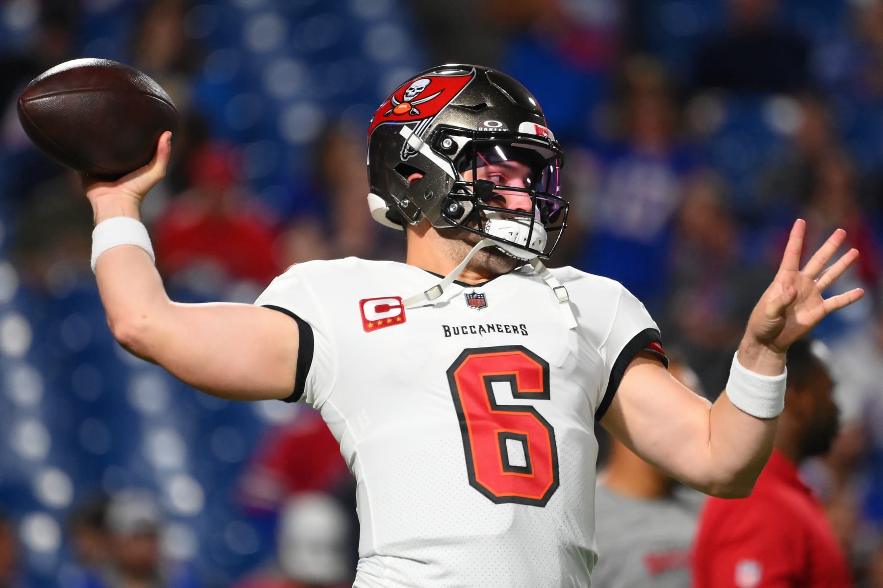 ORCHARD PARK, NEW YORK - OCTOBER 26: Baker Mayfield #6 of the Tampa Bay Buccaneers warms up prior to the game against the Buffalo Bills at Highmark Stadium on October 26, 2023 in Orchard Park, New York. (Photo by Rich Barnes/Getty Images)