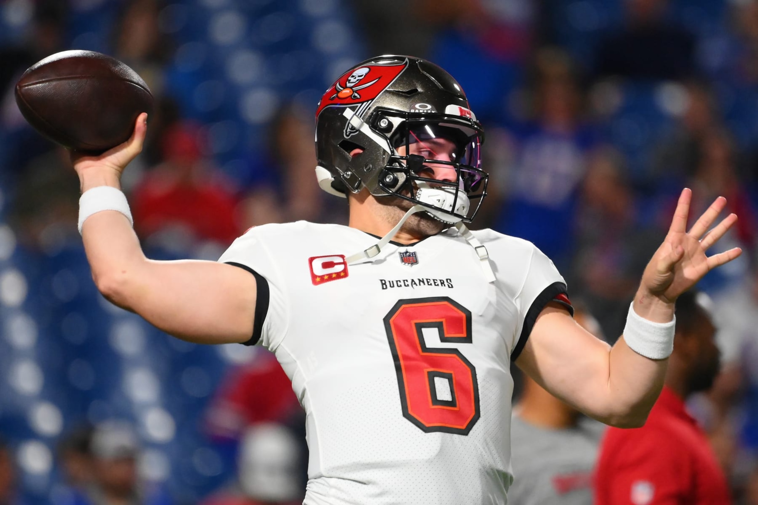 ORCHARD PARK, NEW YORK - OCTOBER 26: Baker Mayfield #6 of the Tampa Bay Buccaneers warms up prior to the game against the Buffalo Bills at Highmark Stadium on October 26, 2023 in Orchard Park, New York. (Photo by Rich Barnes/Getty Images)