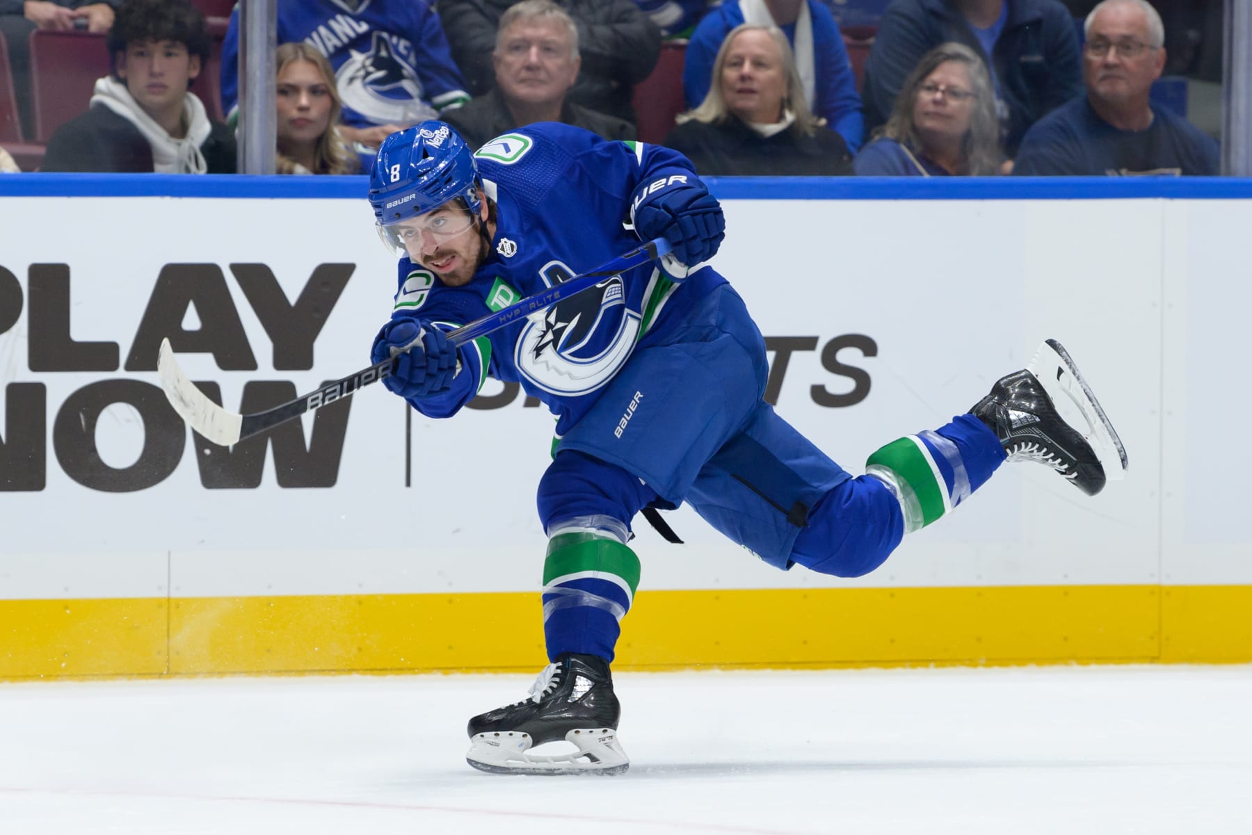 VANCOUVER, CANADA - OCTOBER 27: Conor Garland #8 of the Vancouver Canucks takes a shot during the first period of their NHL game against the St. Louis Blues at Rogers Arena on October 27, 2023 in Vancouver, British Columbia, Canada. (Photo by Derek Cain/Getty Images)