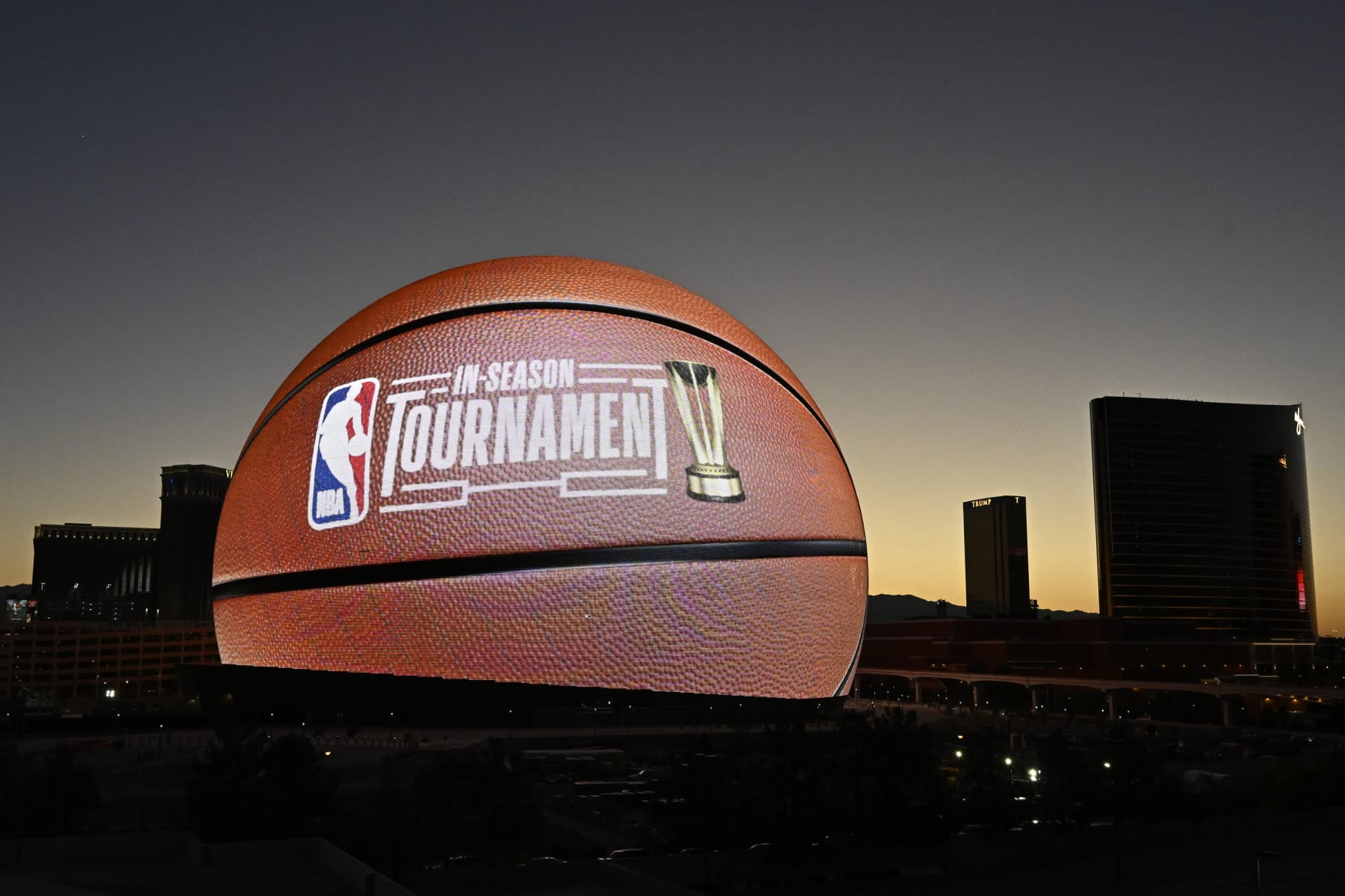 LAS VEGAS, NV - JULY 8: Sphere displays the In Season Tournament visuals on its exterior, the largest LED screen on Earth, during the 2023 Las Vegas Summer League on July 8, 2023 in Las Vegas, Nevada. NOTE TO USER: User expressly acknowledges and agrees that, by downloading and/or using this Photograph, user is consenting to the terms and conditions of the Getty Images License Agreement. Mandatory Copyright Notice: Copyright 2023 NBAE (Photo by David Dow/NBAE via Getty Images)