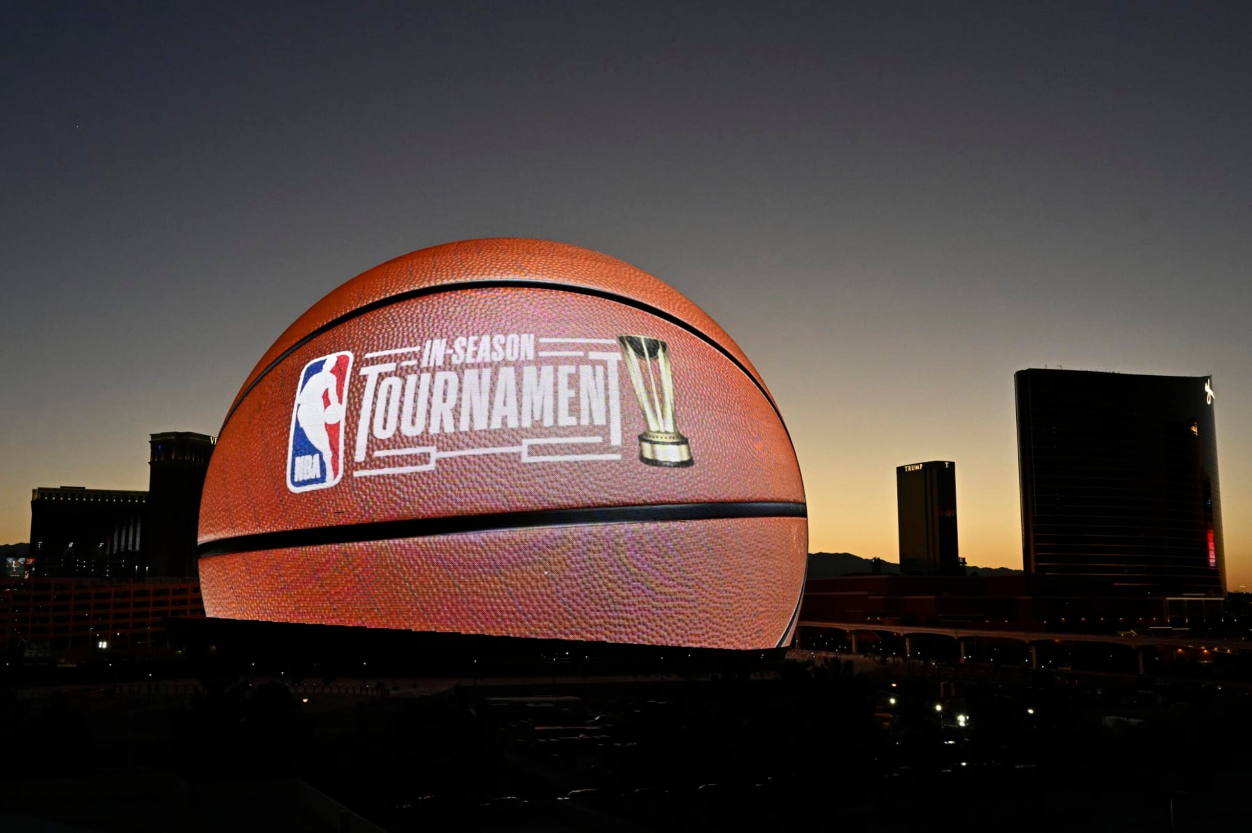 LAS VEGAS, NV - JULY 8: Sphere displays the In Season Tournament visuals on its exterior, the largest LED screen on Earth, during the 2023 Las Vegas Summer League on July 8, 2023 in Las Vegas, Nevada. NOTE TO USER: User expressly acknowledges and agrees that, by downloading and/or using this Photograph, user is consenting to the terms and conditions of the Getty Images License Agreement. Mandatory Copyright Notice: Copyright 2023 NBAE (Photo by David Dow/NBAE via Getty Images) LAS VEGAS, NV - JULY 8: Sphere displays the In Season Tournament visuals on its exterior, the largest LED screen on Earth, during the 2023 Las Vegas Summer League on July 8, 2023 in Las Vegas, Nevada. NOTE TO USER: User expressly acknowledges and agrees that, by downloading and/or using this Photograph, user is consenting to the terms and conditions of the Getty Images License Agreement. Mandatory Copyright Notice: Copyright 2023 NBAE (Photo by David Dow/NBAE via Getty Images)