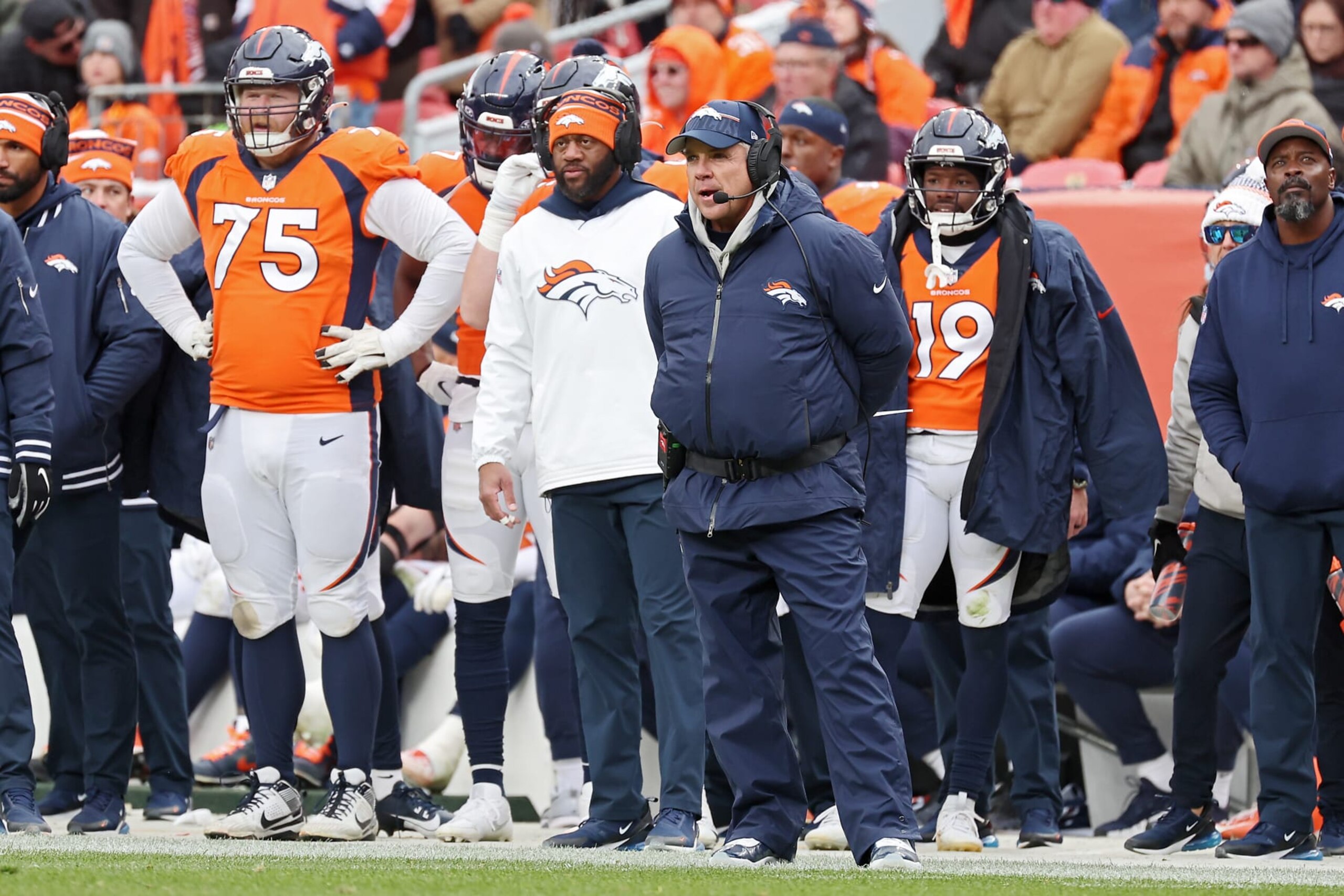 DENVER, COLORADO - OCTOBER 29: Head coach Sean Payton of the Denver Broncos looks on during the third quarter of a game against the Kansas City Chiefs at Empower Field At Mile High on October 29, 2023 in Denver, Colorado. (Photo by Justin Tafoya/Getty Images)