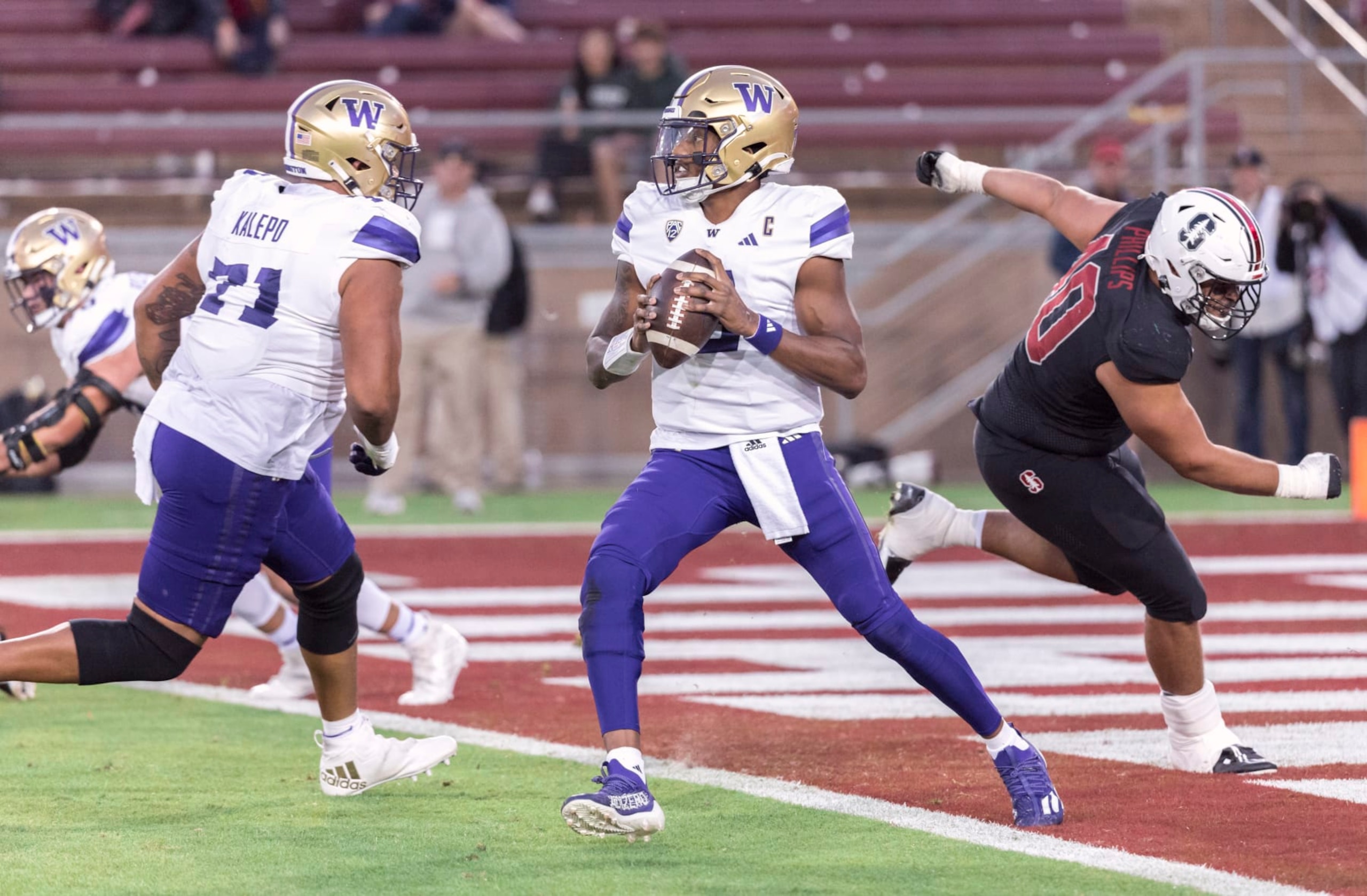 PALO ALTO, CA - OCTOBER  28:  Quarterback Michael Penix Jr. #9 of the Washington Huskies throws a pass during a Pac-12 NCAA college football game against the Stanford Cardinal on October 28, 2023 at Stanford Stadium in Palo Alto, California.  (Photo by David Madison/Getty Images)