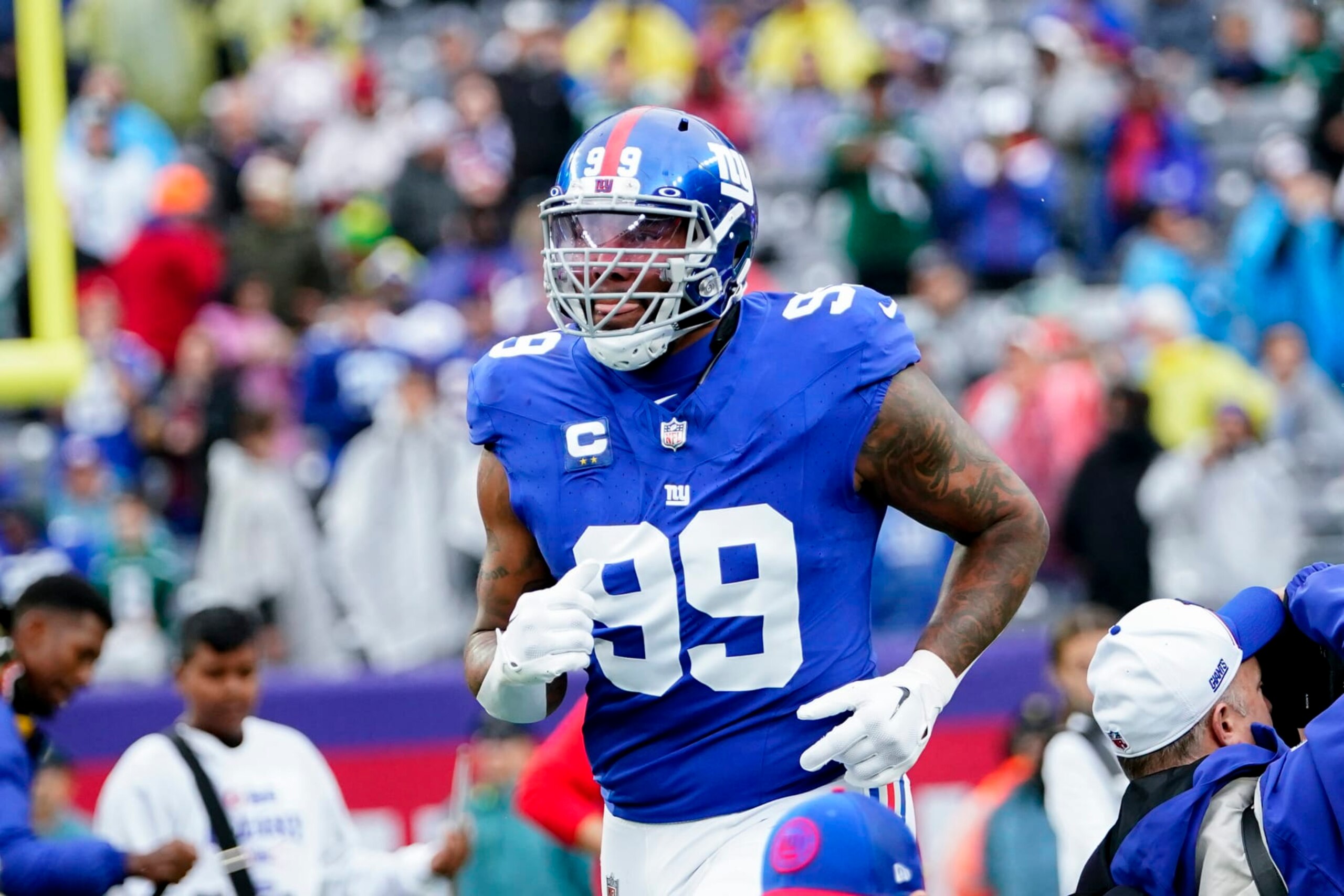New York Giants defensive lineman Leonard Williams (99) takes the field before an NFL football game against the New York Jets, Sunday, Oct. 29, 2023, in East Rutherford, N.J. (AP Photo/Frank Franklin II)