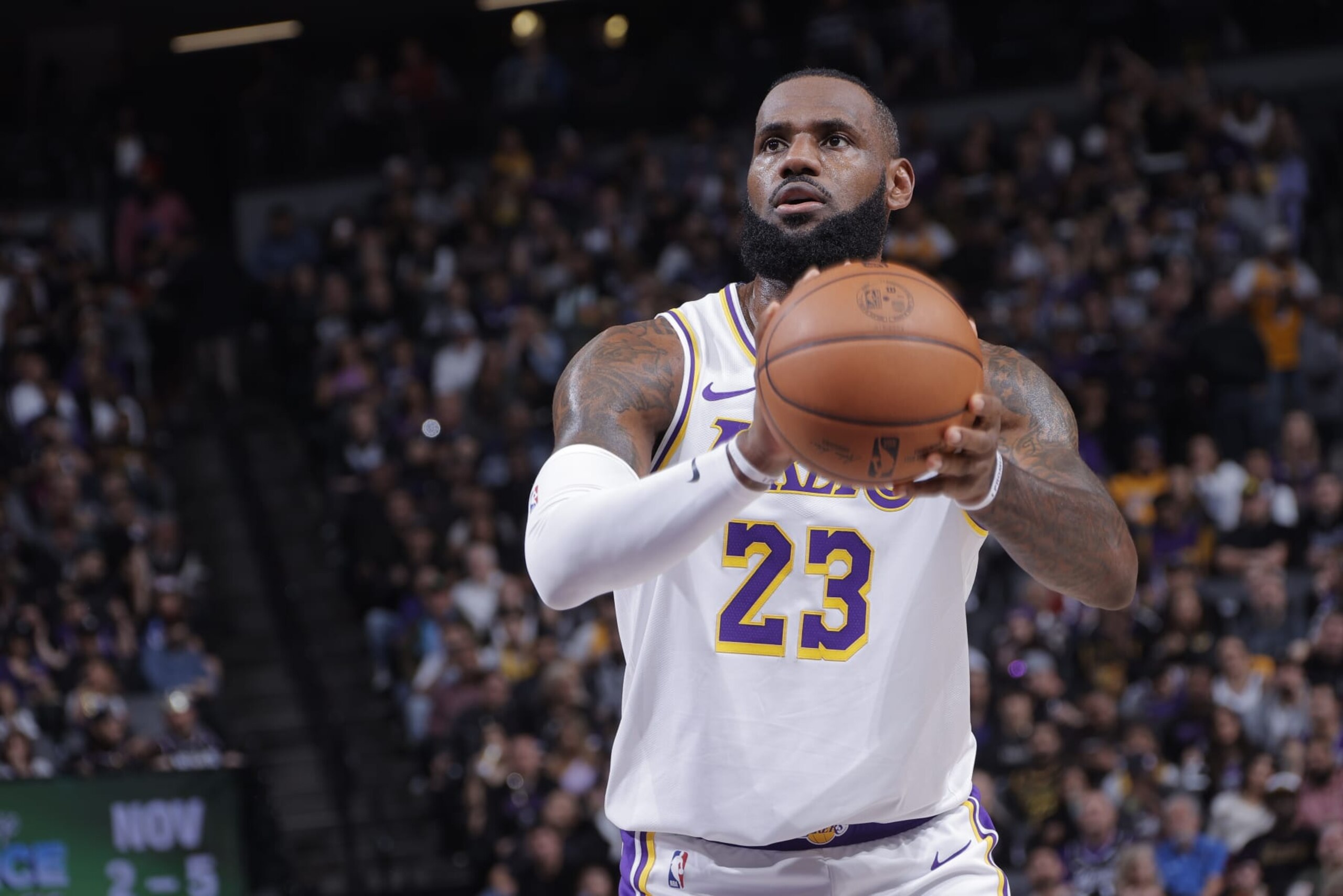SACRAMENTO, CA - OCTOBER 29: LeBron James #23 of the Los Angeles Lakers prepares to shoot a free throw during the game against the Sacramento Kings on October 29, 2023 at Golden 1 Center in Sacramento, California. NOTE TO USER: User expressly acknowledges and agrees that, by downloading and or using this Photograph, user is consenting to the terms and conditions of the Getty Images License Agreement. Mandatory Copyright Notice: Copyright 2023 NBAE (Photo by Rocky Widner/NBAE via Getty Images)