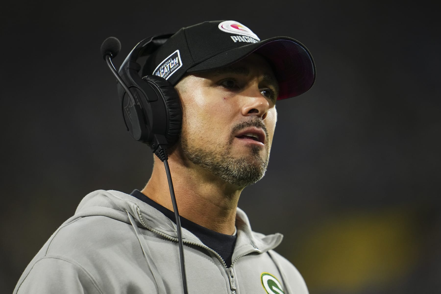 GREEN BAY, WI - SEPTEMBER 28: Green Bay Packers head coach Matt LaFleur looks on from the sideline during an NFL football game at Lambeau Field on September 28, 2023 in Green Bay, Wisconsin. (Photo by Cooper Neill/Getty Images)