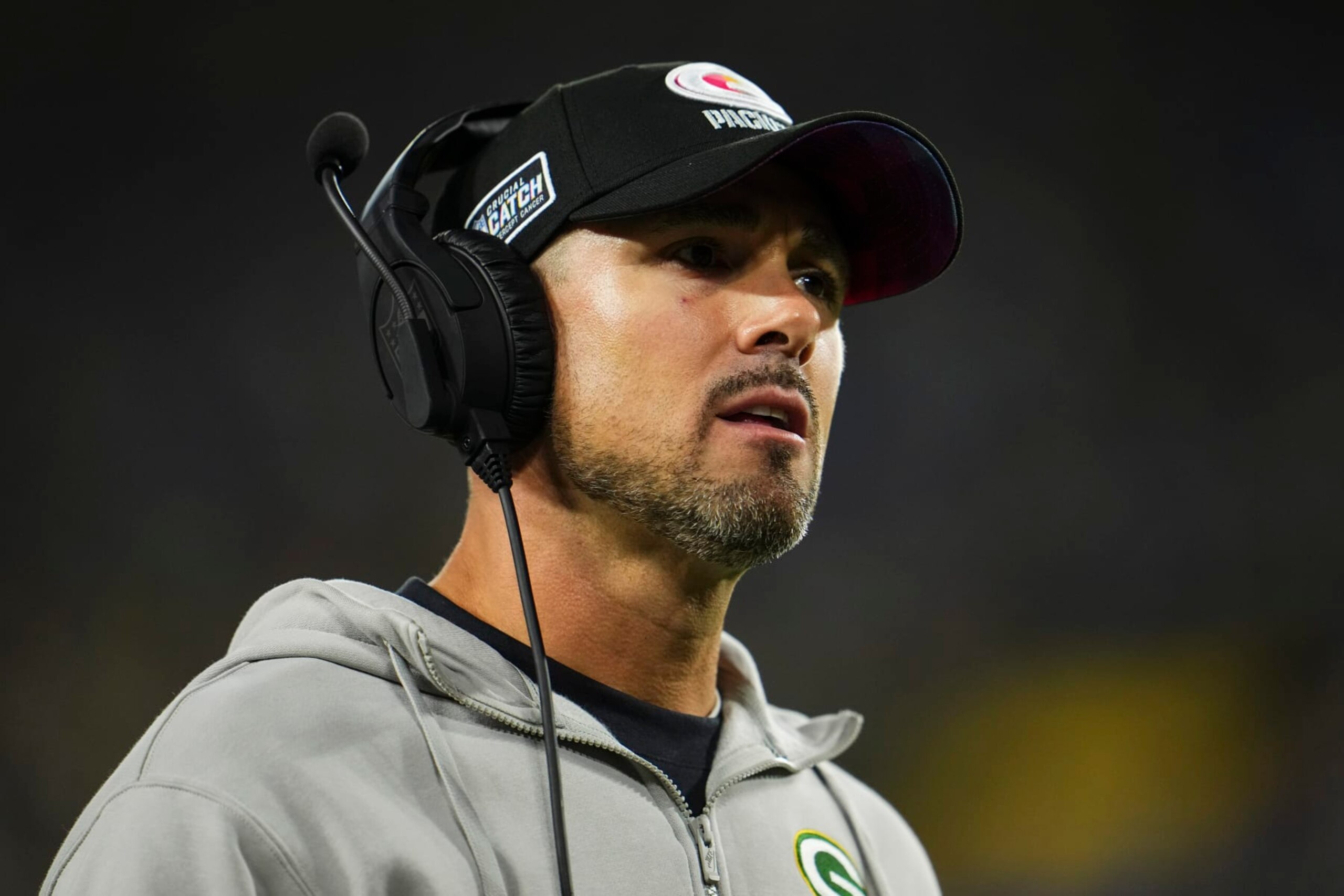GREEN BAY, WI - SEPTEMBER 28: Green Bay Packers head coach Matt LaFleur looks on from the sideline during an NFL football game at Lambeau Field on September 28, 2023 in Green Bay, Wisconsin. (Photo by Cooper Neill/Getty Images)