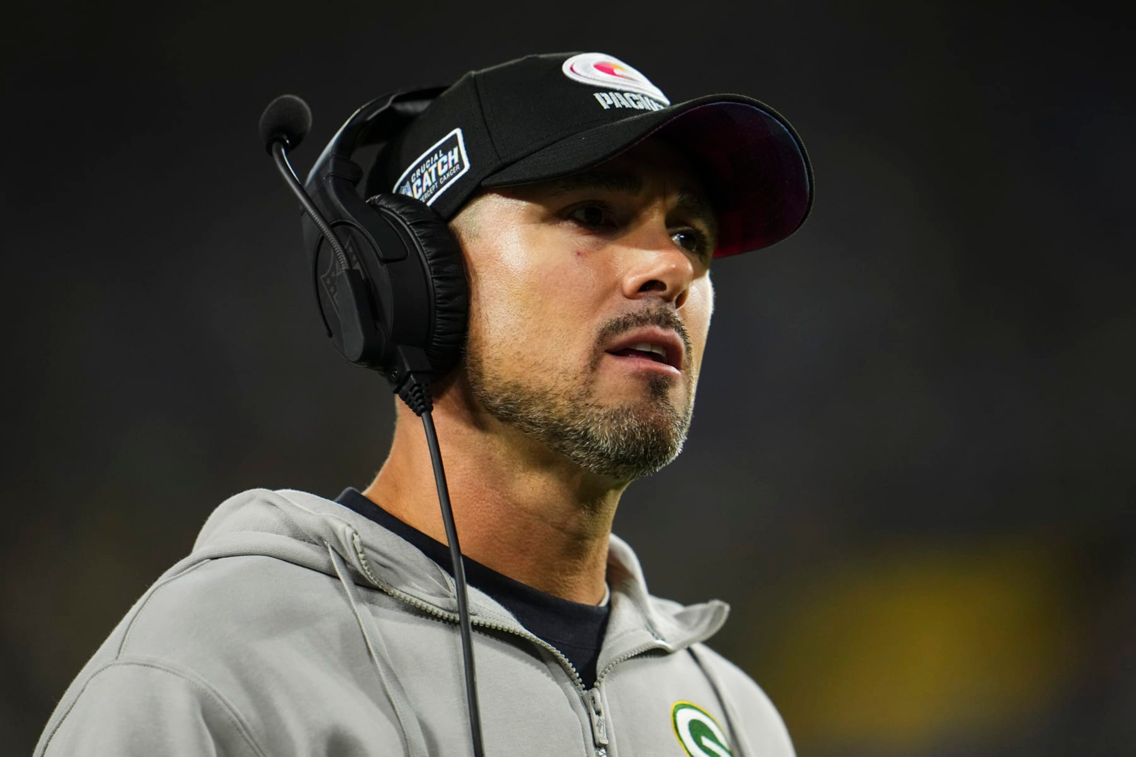 GREEN BAY, WI - SEPTEMBER 28: Green Bay Packers head coach Matt LaFleur looks on from the sideline during an NFL football game at Lambeau Field on September 28, 2023 in Green Bay, Wisconsin. (Photo by Cooper Neill/Getty Images)