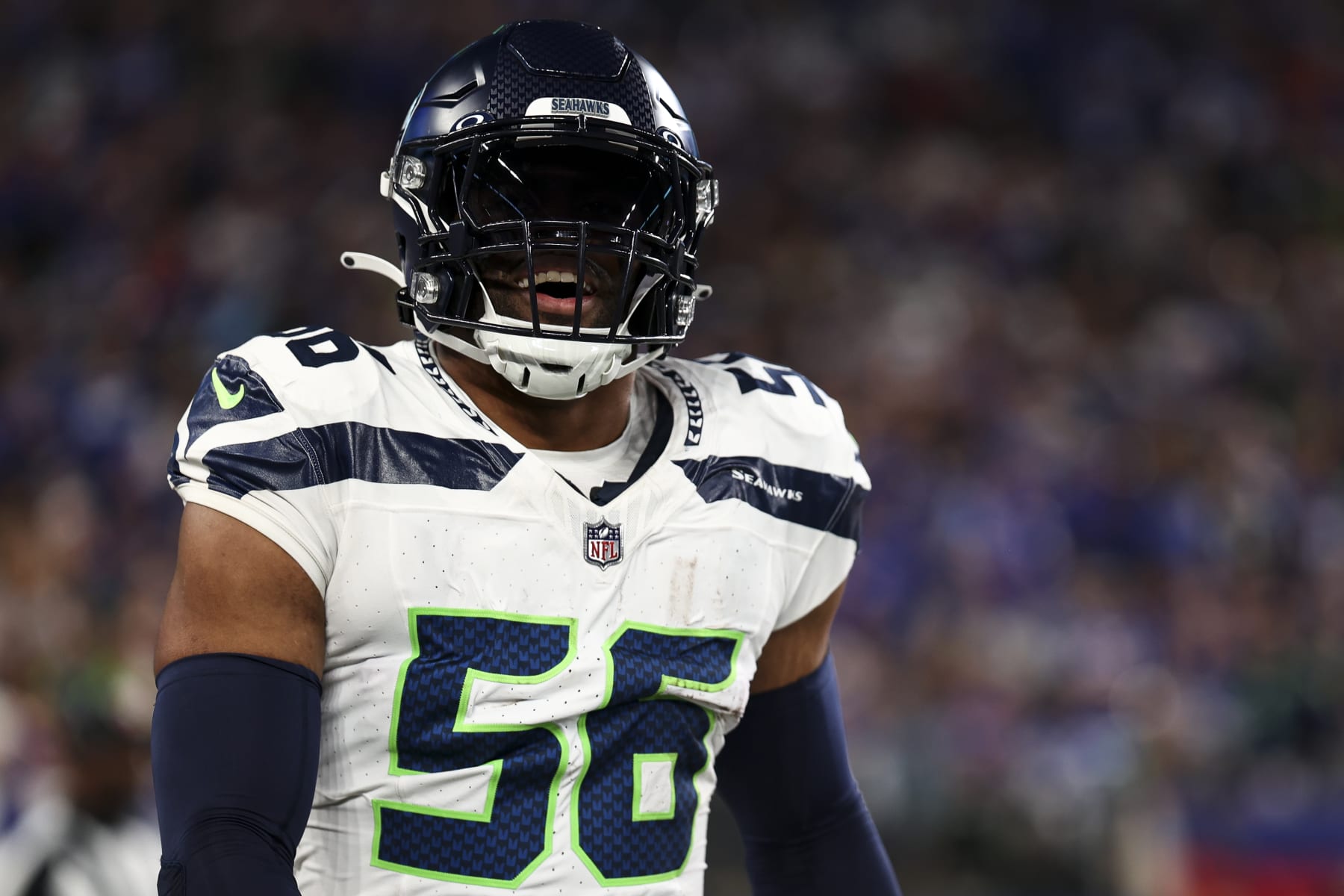 EAST RUTHERFORD, NJ - OCTOBER 2: Jordyn Brooks #56 of the Seattle Seahawks celebrates after recovering a fumble during an NFL football game against the New York Giants at MetLife Stadium on October 2, 2023 in East Rutherford, New Jersey. (Photo by Kevin Sabitus/Getty Images)