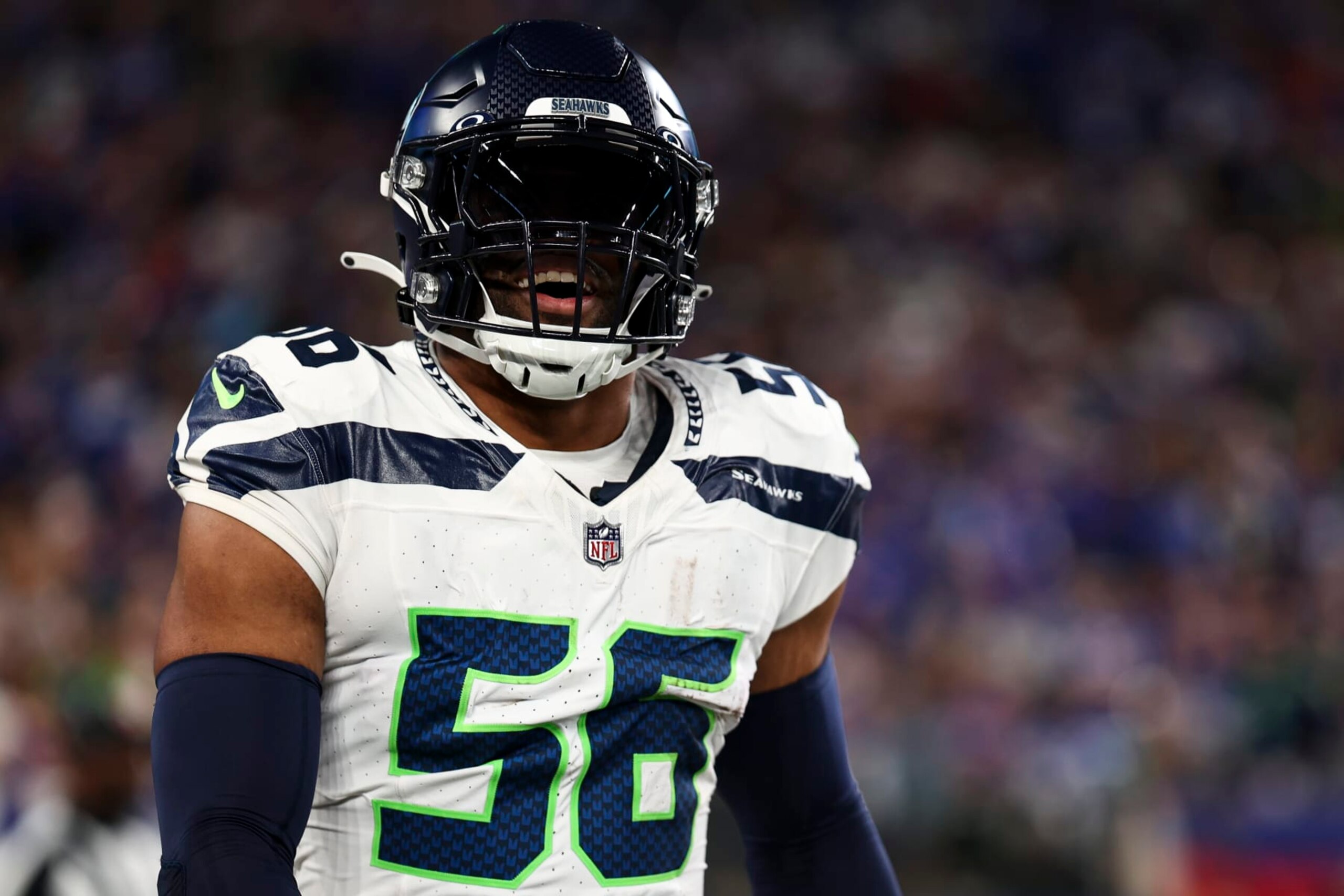 EAST RUTHERFORD, NJ - OCTOBER 2: Jordyn Brooks #56 of the Seattle Seahawks celebrates after recovering a fumble during an NFL football game against the New York Giants at MetLife Stadium on October 2, 2023 in East Rutherford, New Jersey. (Photo by Kevin Sabitus/Getty Images) EAST RUTHERFORD, NJ - OCTOBER 2: Jordyn Brooks #56 of the Seattle Seahawks celebrates after recovering a fumble during an NFL football game against the New York Giants at MetLife Stadium on October 2, 2023 in East Rutherford, New Jersey. (Photo by Kevin Sabitus/Getty Images)
