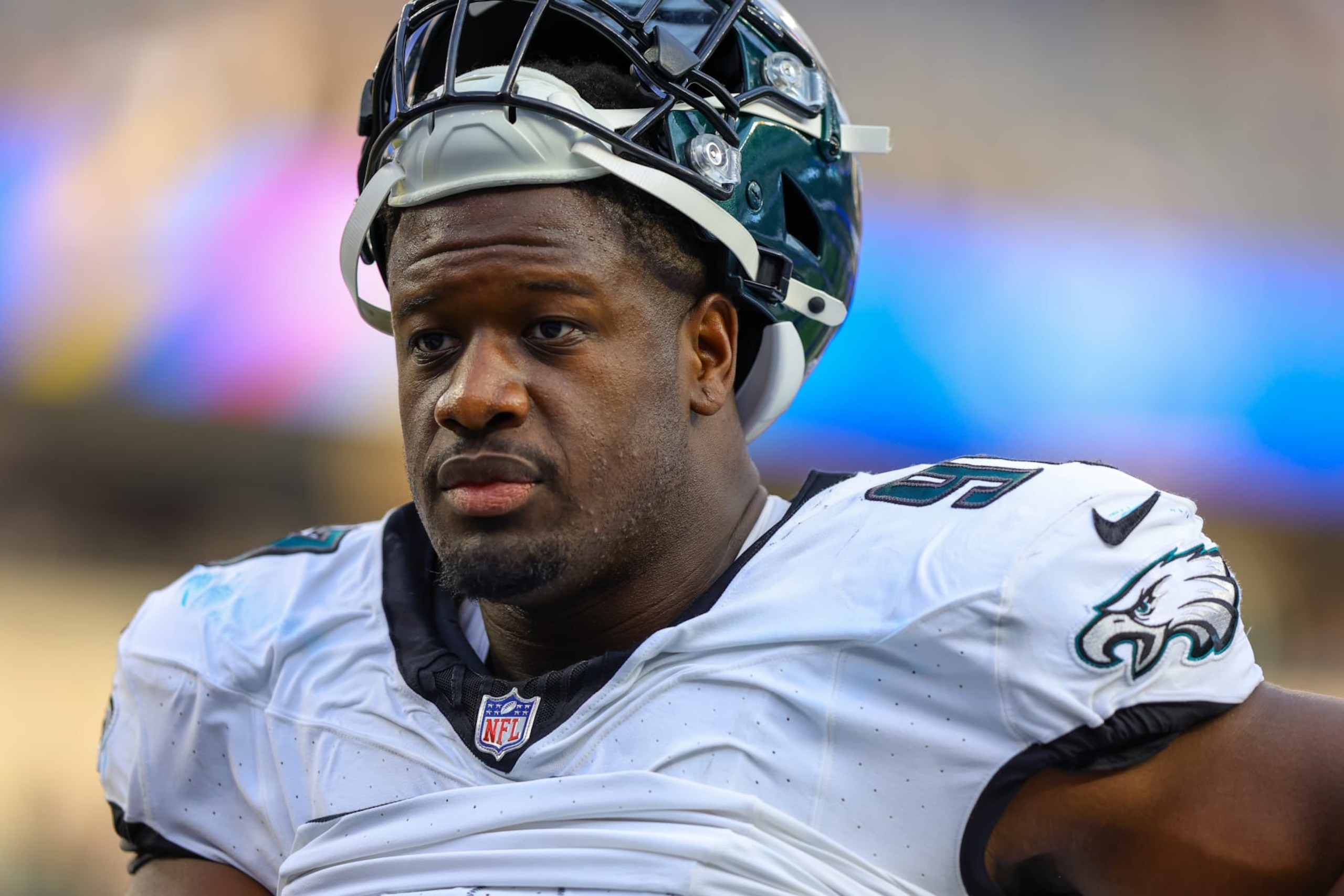 INGLEWOOD, CA - OCTOBER 08: Philadelphia Eagles defensive tackle Kentavius Street (97) walks off of the field afterthe NFL game between the Philadelphia Eagles and the Los Angeles Rams on October 08, 2023, at SoFi Stadium in Inglewood, CA.(Photo by Jordon Kelly/Icon Sportswire via Getty Images)