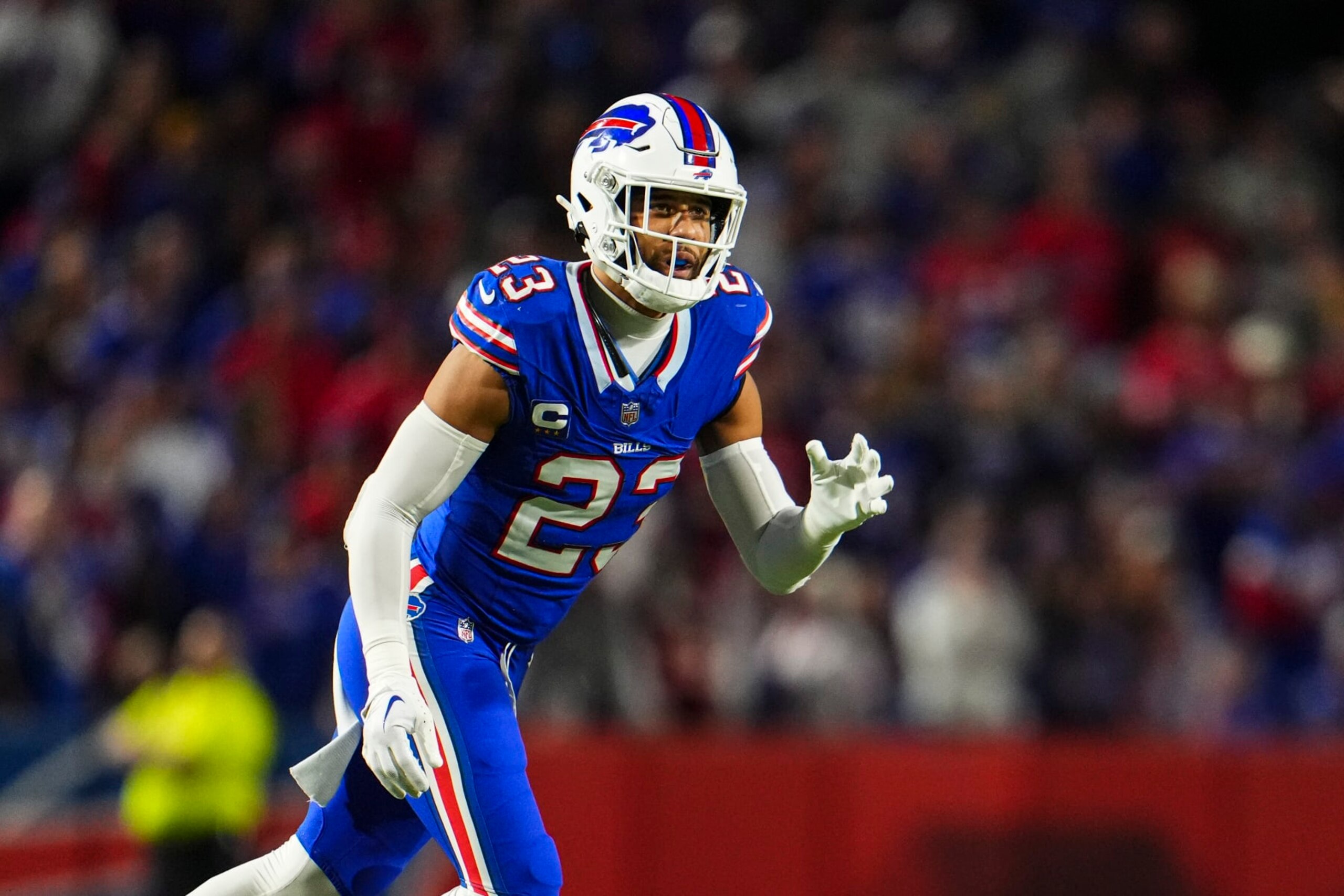 ORCHARD PARK, NY - OCTOBER 26: Micah Hyde #23 of the Buffalo Bills defends in coverage during an NFL football game against the Tampa Bay Buccaneers at Highmark Stadium on October 26, 2023 in Orchard Park, New York. (Photo by Cooper Neill/Getty Images) ORCHARD PARK, NY - OCTOBER 26: Micah Hyde #23 of the Buffalo Bills defends in coverage during an NFL football game against the Tampa Bay Buccaneers at Highmark Stadium on October 26, 2023 in Orchard Park, New York. (Photo by Cooper Neill/Getty Images)