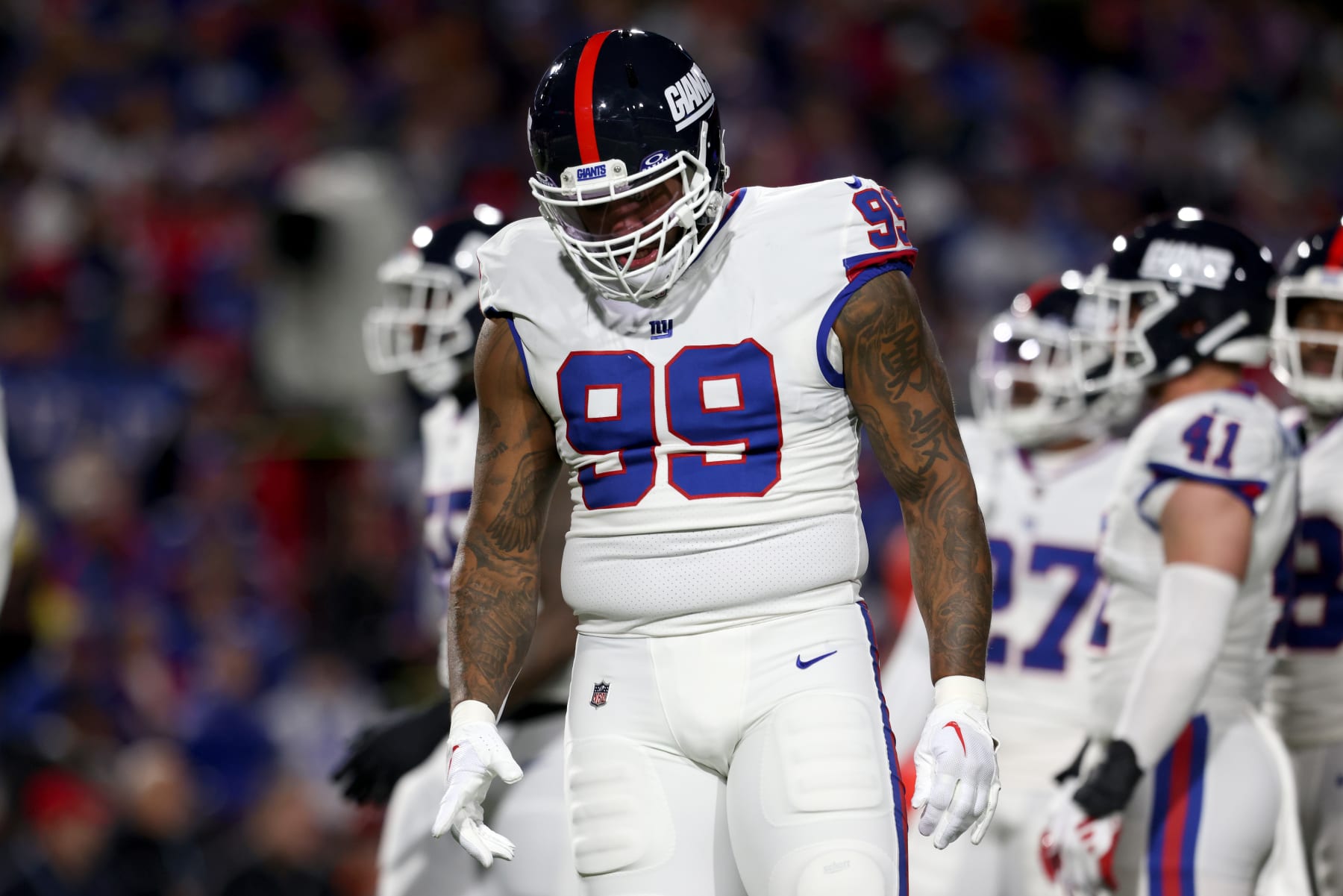 ORCHARD PARK, NEW YORK - OCTOBER 15: Leonard Williams #99 of the New York Giants reacts during the first quarter against the Buffalo Bills at Highmark Stadium on October 15, 2023 in Orchard Park, New York. (Photo by Bryan Bennett/Getty Images)