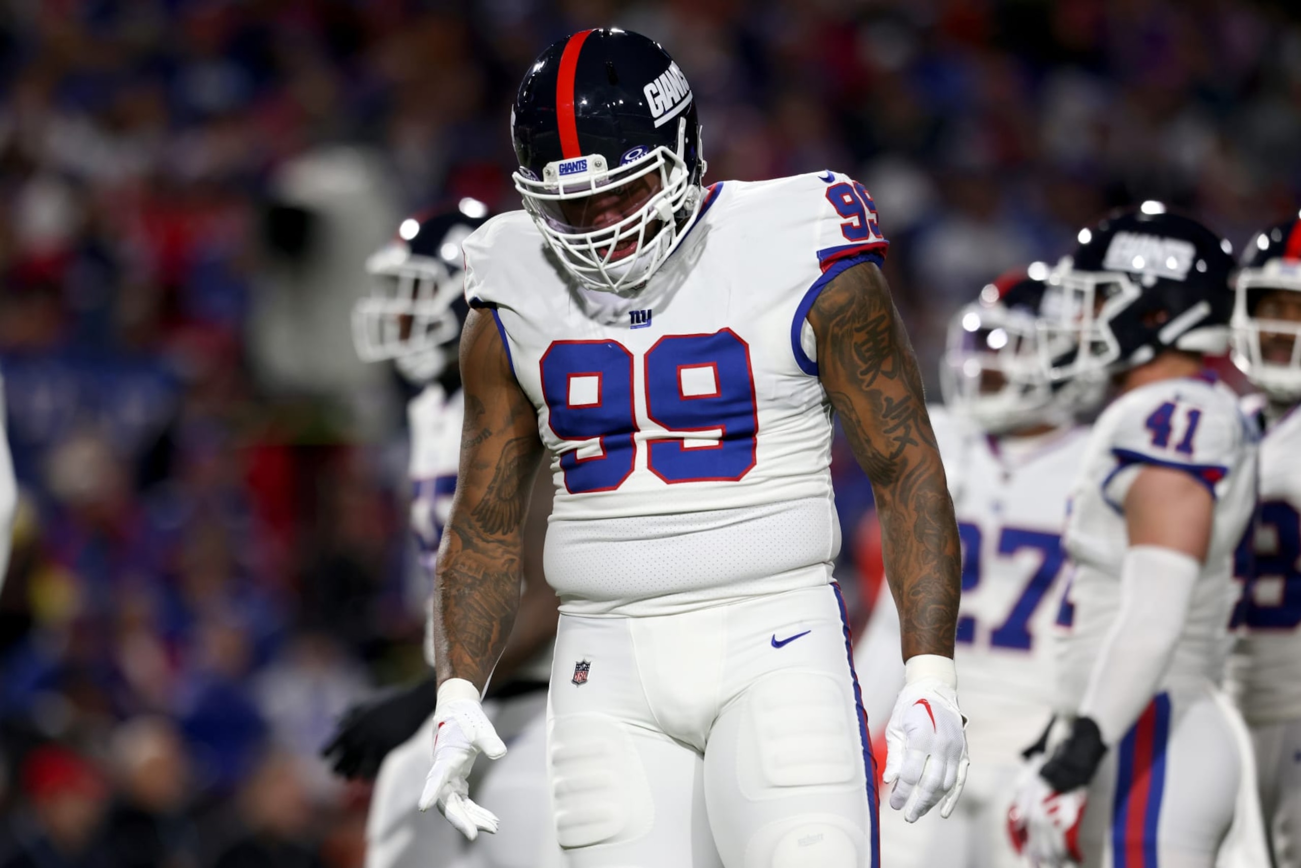 ORCHARD PARK, NEW YORK - OCTOBER 15: Leonard Williams #99 of the New York Giants reacts during the first quarter against the Buffalo Bills at Highmark Stadium on October 15, 2023 in Orchard Park, New York. (Photo by Bryan Bennett/Getty Images)
