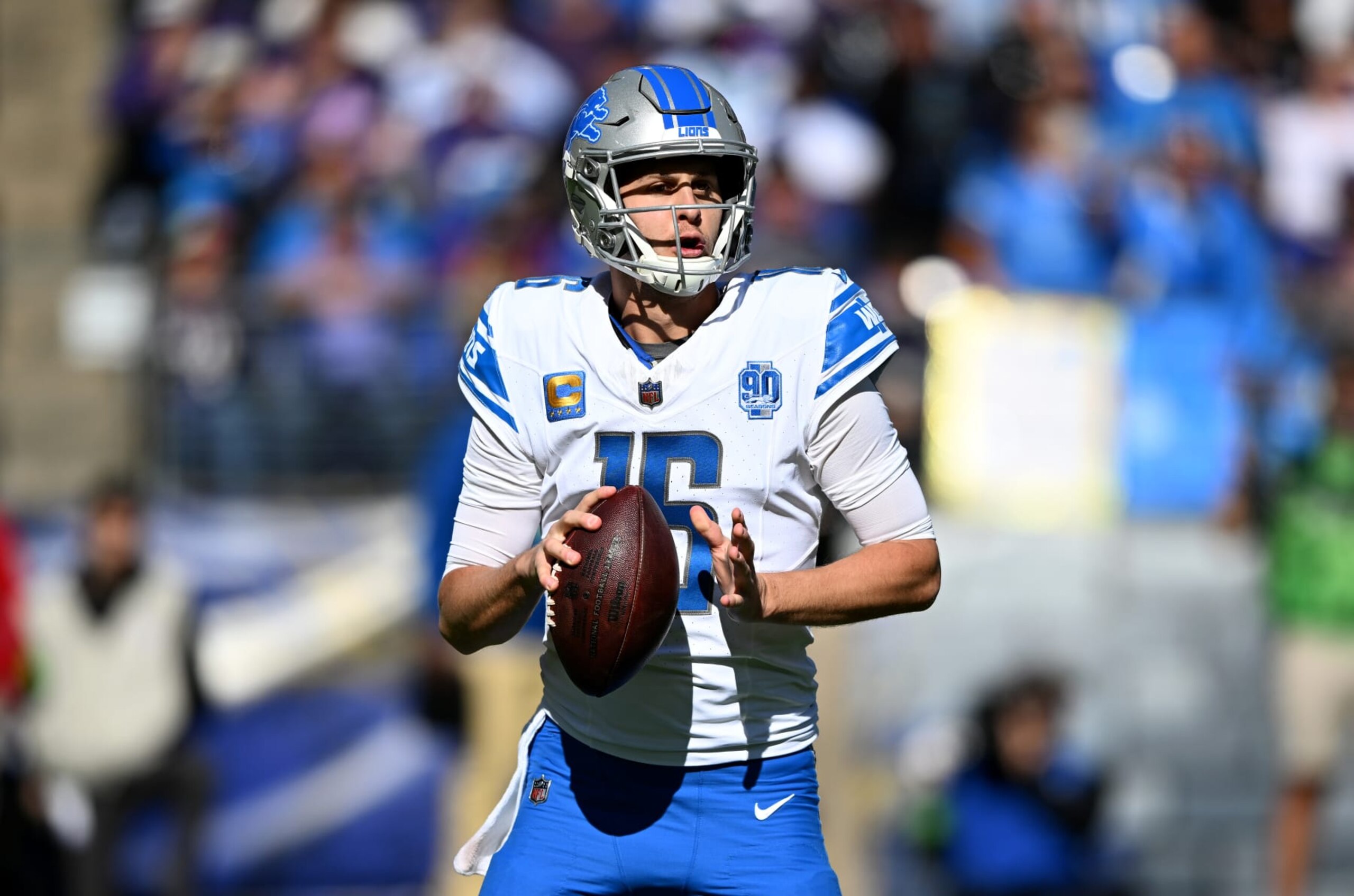 BALTIMORE, MARYLAND - OCTOBER 22: Jared Goff #16 of the Detroit Lions drops back to pass against the Baltimore Ravens at M&T Bank Stadium on October 22, 2023 in Baltimore, Maryland. (Photo by G Fiume/Getty Images)