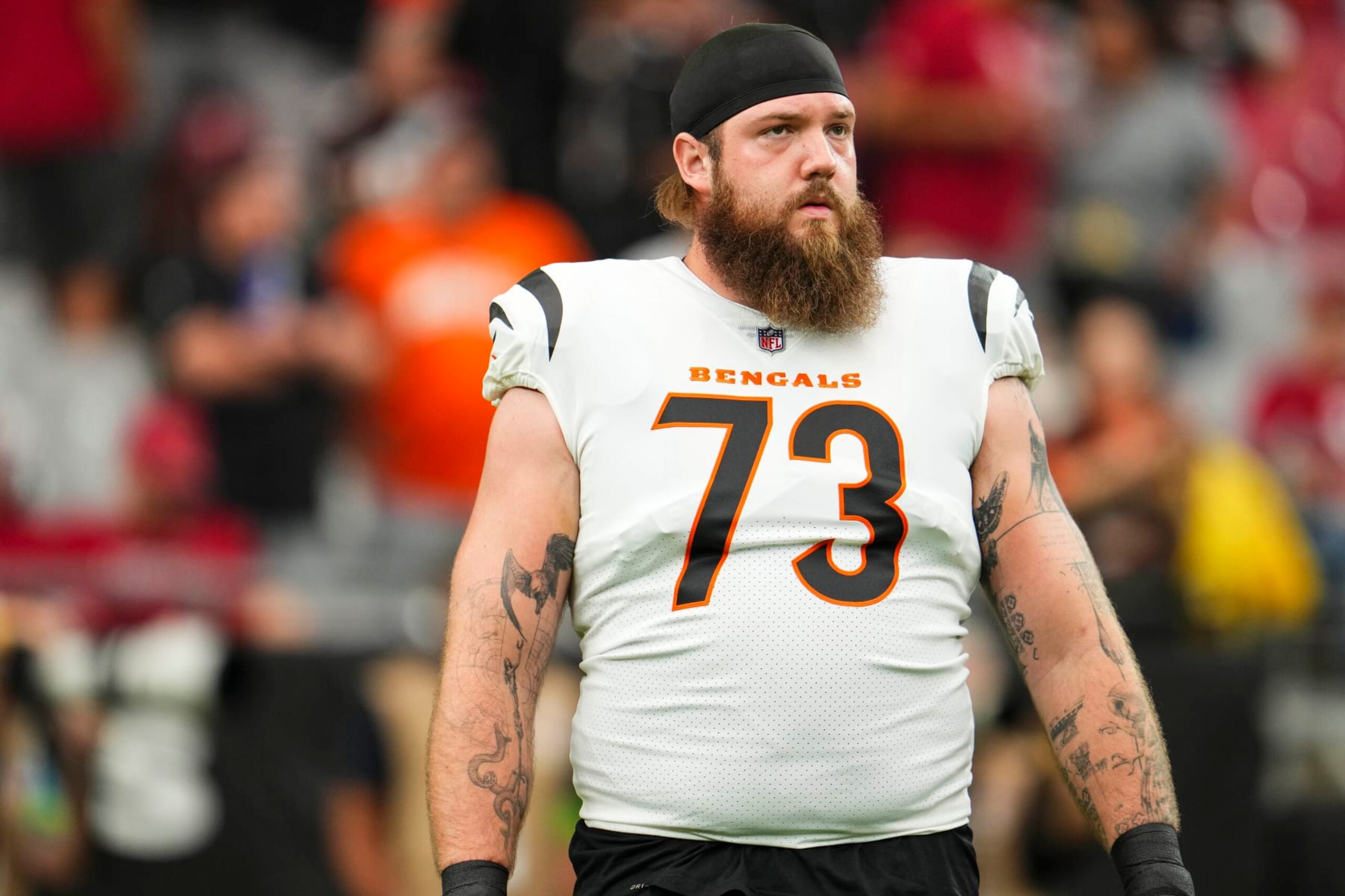 GLENDALE, AZ - OCTOBER 08: Jonah Williams #73 of the Cincinnati Bengals warms up prior to an NFL game against the Arizona Cardinals at State Farm Stadium on October 8, 2023 in Glendale, Arizona. (Photo by Cooper Neill/Getty Images) GLENDALE, AZ - OCTOBER 08: Jonah Williams #73 of the Cincinnati Bengals warms up prior to an NFL game against the Arizona Cardinals at State Farm Stadium on October 8, 2023 in Glendale, Arizona. (Photo by Cooper Neill/Getty Images)