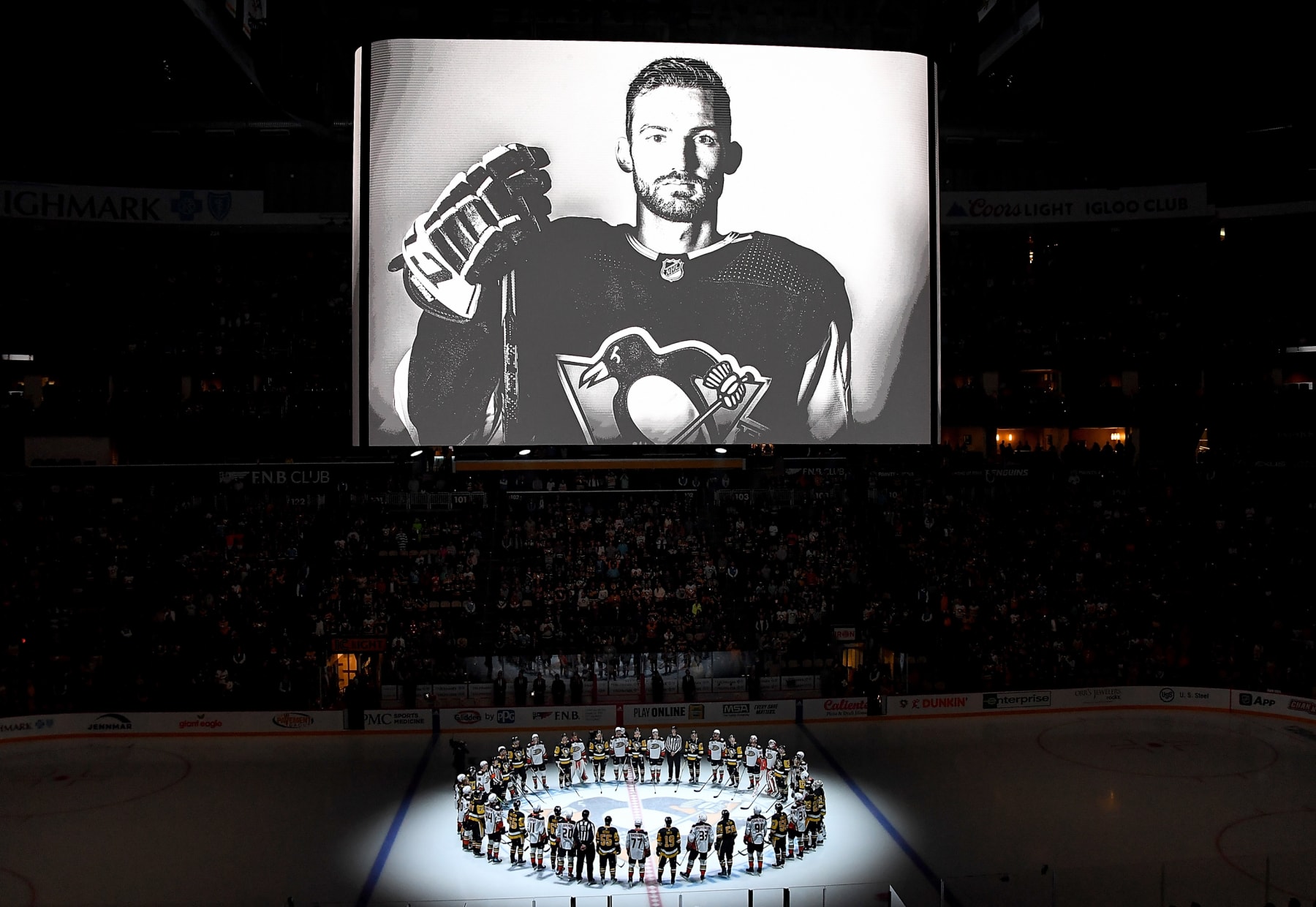 PITTSBURGH, PA - OCTOBER 30:  Adam Johnson is remembered before the game between the Pittsburgh Penguins and the Anaheim Ducks at PPG PAINTS Arena on October 30, 2023 in Pittsburgh, Pennsylvania. (Photo by Joe Sargent/NHLI via Getty Images)