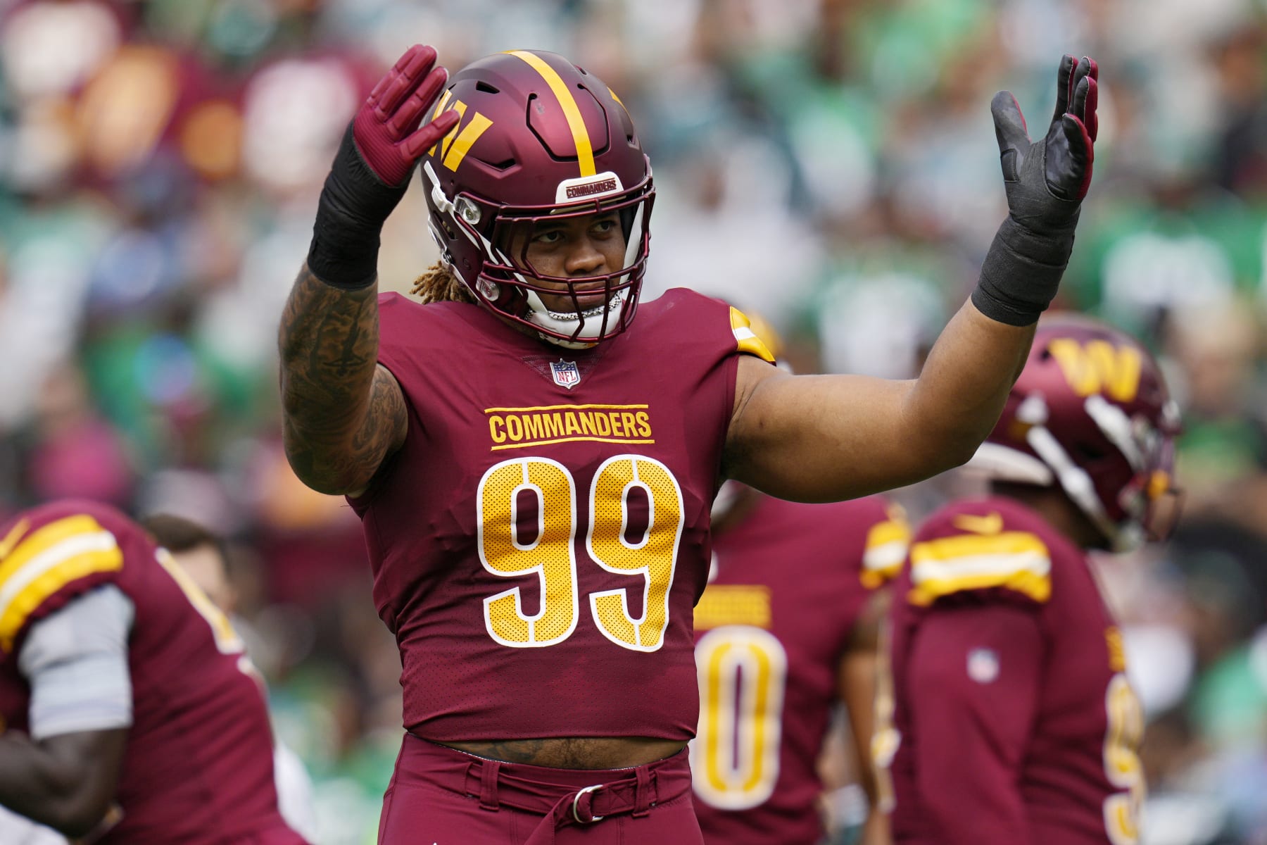 LANDOVER, MARYLAND - OCTOBER 29: Chase Young #99 of the Washington Commanders reacts in the first quarter of a game against the Philadelphia Eagles at FedExField on October 29, 2023 in Landover, Maryland. (Photo by Jess Rapfogel/Getty Images)