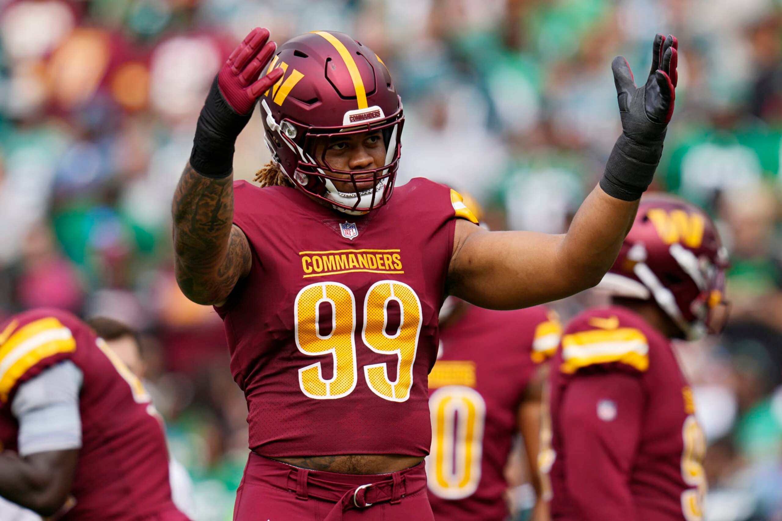 LANDOVER, MARYLAND - OCTOBER 29: Chase Young #99 of the Washington Commanders reacts in the first quarter of a game against the Philadelphia Eagles at FedExField on October 29, 2023 in Landover, Maryland. (Photo by Jess Rapfogel/Getty Images) LANDOVER, MARYLAND - OCTOBER 29: Chase Young #99 of the Washington Commanders reacts in the first quarter of a game against the Philadelphia Eagles at FedExField on October 29, 2023 in Landover, Maryland. (Photo by Jess Rapfogel/Getty Images)