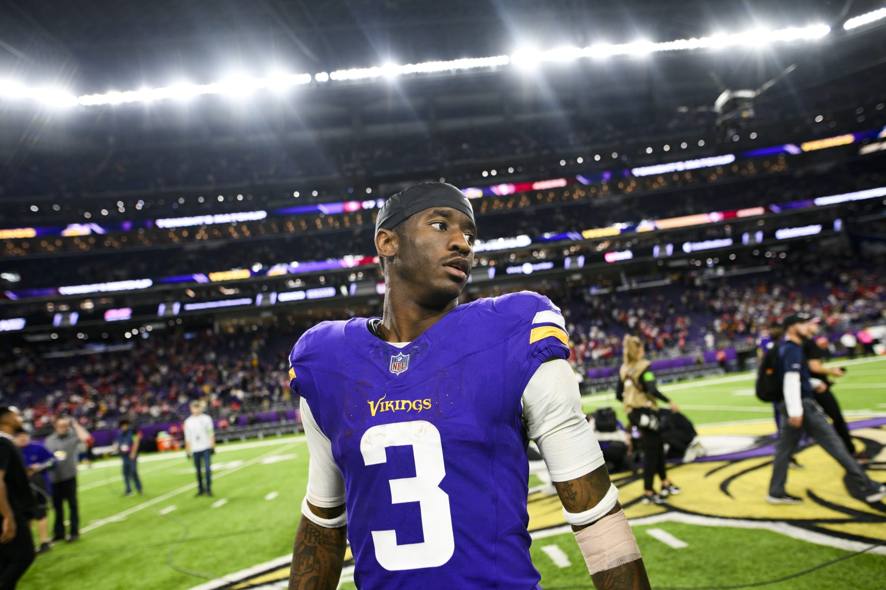 MINNEAPOLIS, MINNESOTA - OCTOBER 23: Jordan Addison #3 of the Minnesota Vikings celebrates after the game against the San Francisco 49ers at U.S. Bank Stadium on October 23, 2023 in Minneapolis, Minnesota. (Photo by Stephen Maturen/Getty Images)