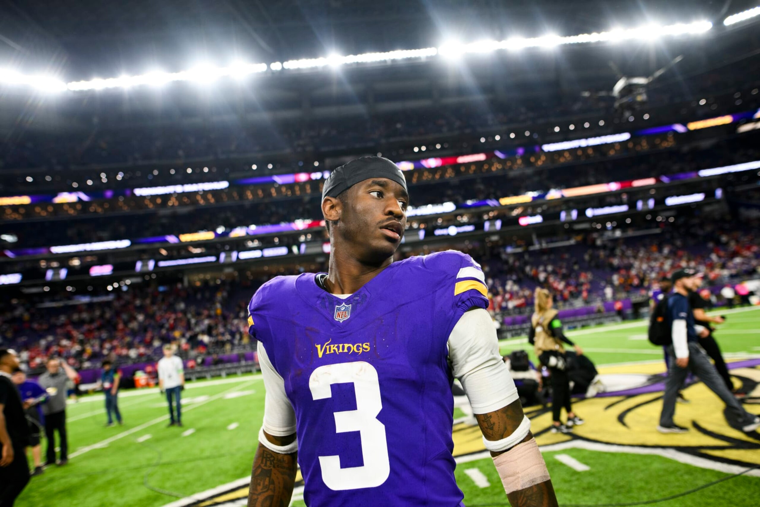 MINNEAPOLIS, MINNESOTA - OCTOBER 23: Jordan Addison #3 of the Minnesota Vikings celebrates after the game against the San Francisco 49ers at U.S. Bank Stadium on October 23, 2023 in Minneapolis, Minnesota. (Photo by Stephen Maturen/Getty Images)