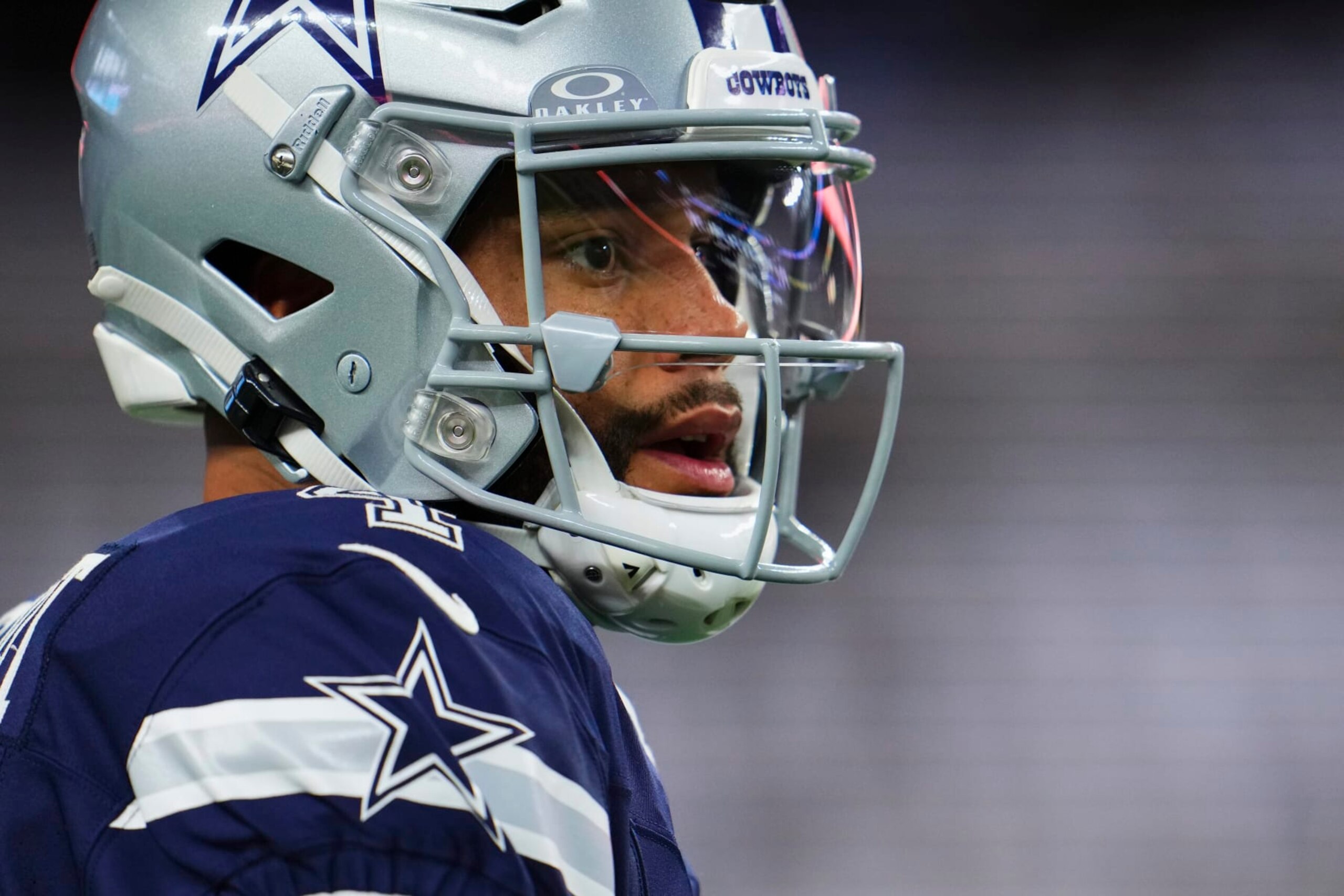 ARLINGTON, TX - OCTOBER 29: Dak Prescott #4 of the Dallas Cowboys warms up before kickoff against the Los Angeles Rams at AT&T Stadium on October 29, 2023 in Arlington, Texas. (Photo by Cooper Neill/Getty Images)
