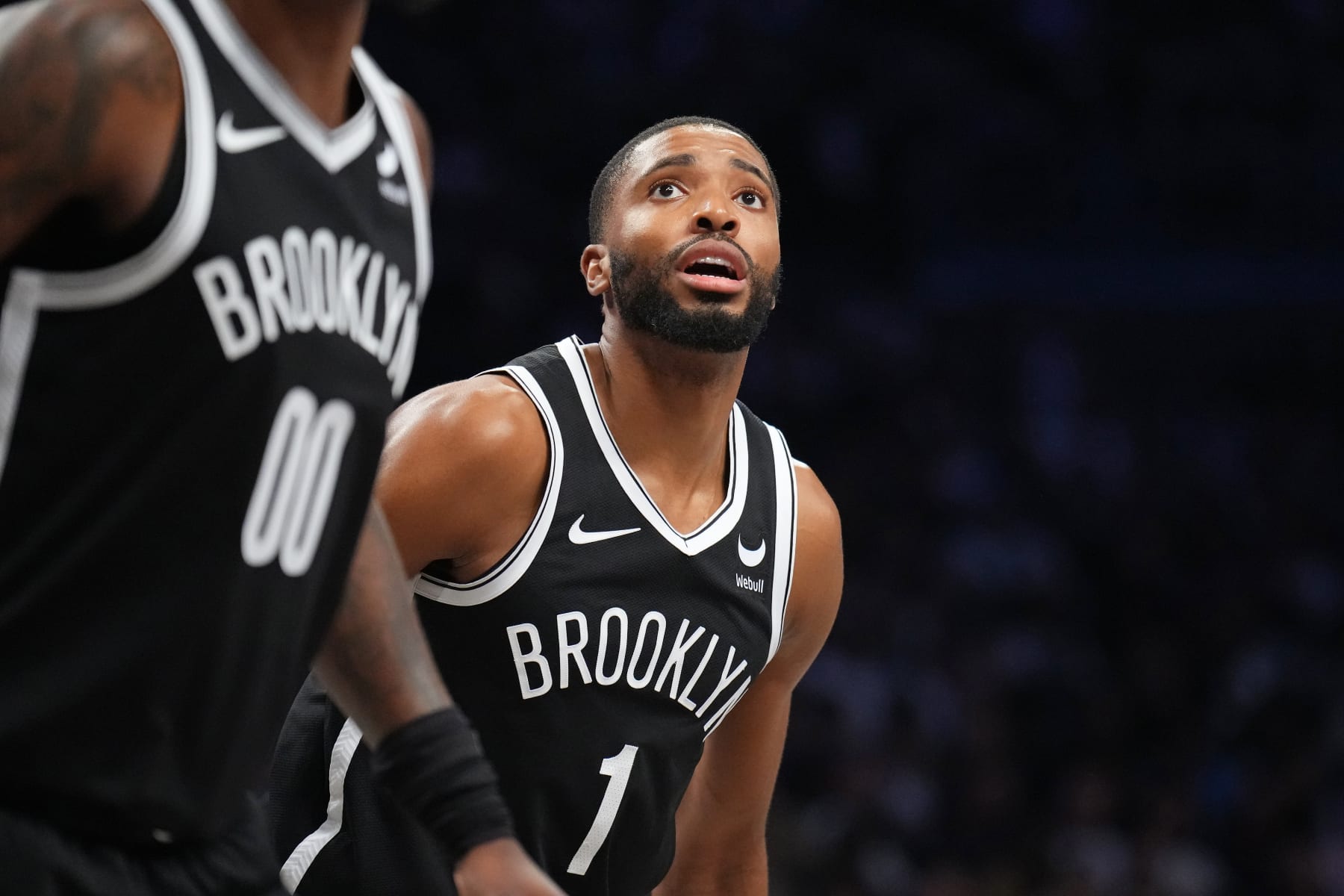BROOKLYN, NY - OCTOBER 25: Mikal Bridges #1 of the Brooklyn Nets looks on during the game against the Cleveland Cavaliers on October 25, 2023 at Barclays Center in Brooklyn, New York. NOTE TO USER: User expressly acknowledges and agrees that, by downloading and or using this Photograph, user is consenting to the terms and conditions of the Getty Images License Agreement. Mandatory Copyright Notice: Copyright 2023 NBAE (Photo by Jesse D. Garrabrant/NBAE via Getty Images)