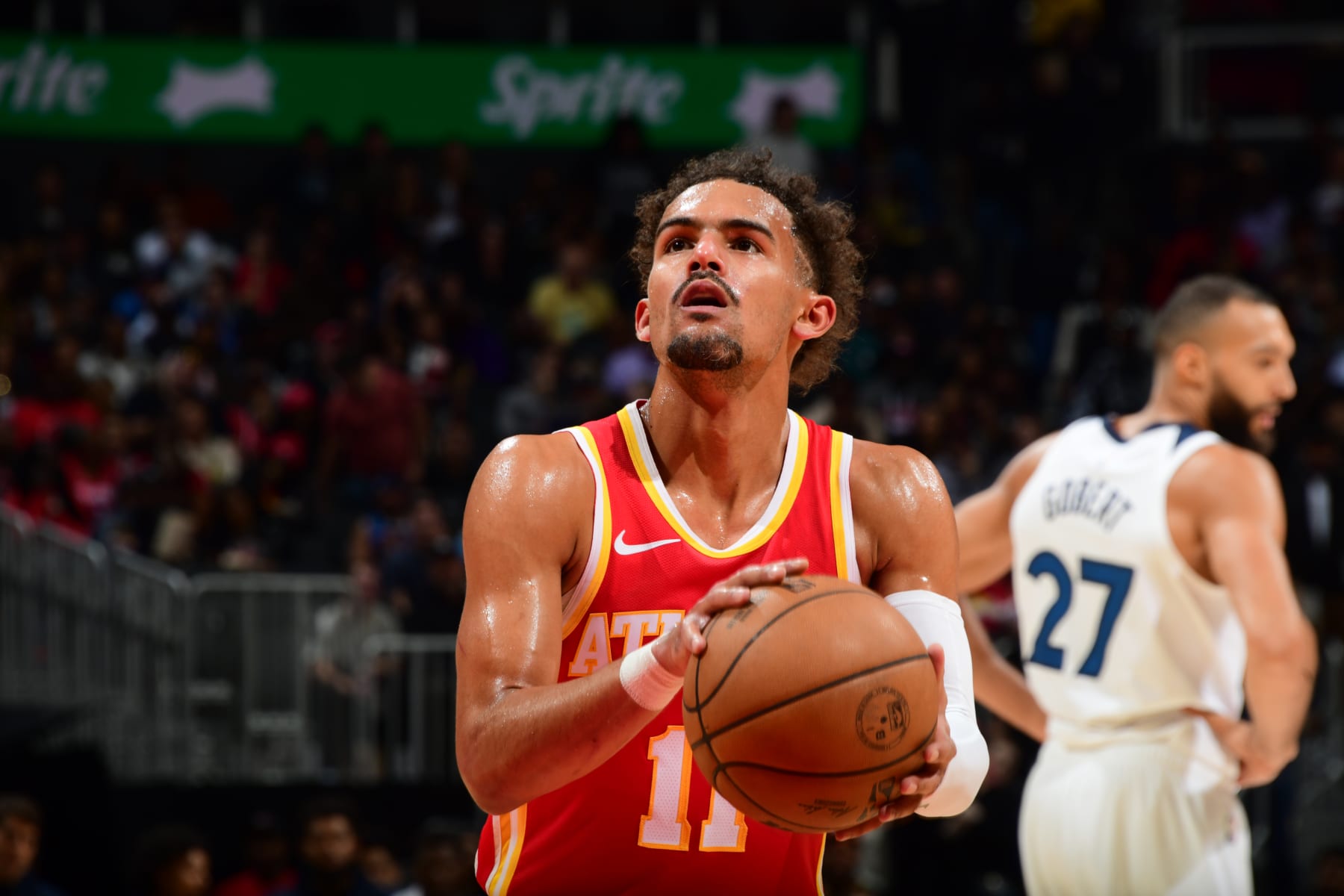 ATLANTA, GA - OCTOBER 30: Trae Young #11 of the Atlanta Hawks shoots a free throw during the game against the Minnesota Timberwolves on October 30, 2023 at State Farm Arena in Atlanta, Georgia.  NOTE TO USER: User expressly acknowledges and agrees that, by downloading and/or using this Photograph, user is consenting to the terms and conditions of the Getty Images License Agreement. Mandatory Copyright Notice: Copyright 2023 NBAE (Photo by Scott Cunningham/NBAE via Getty Images)