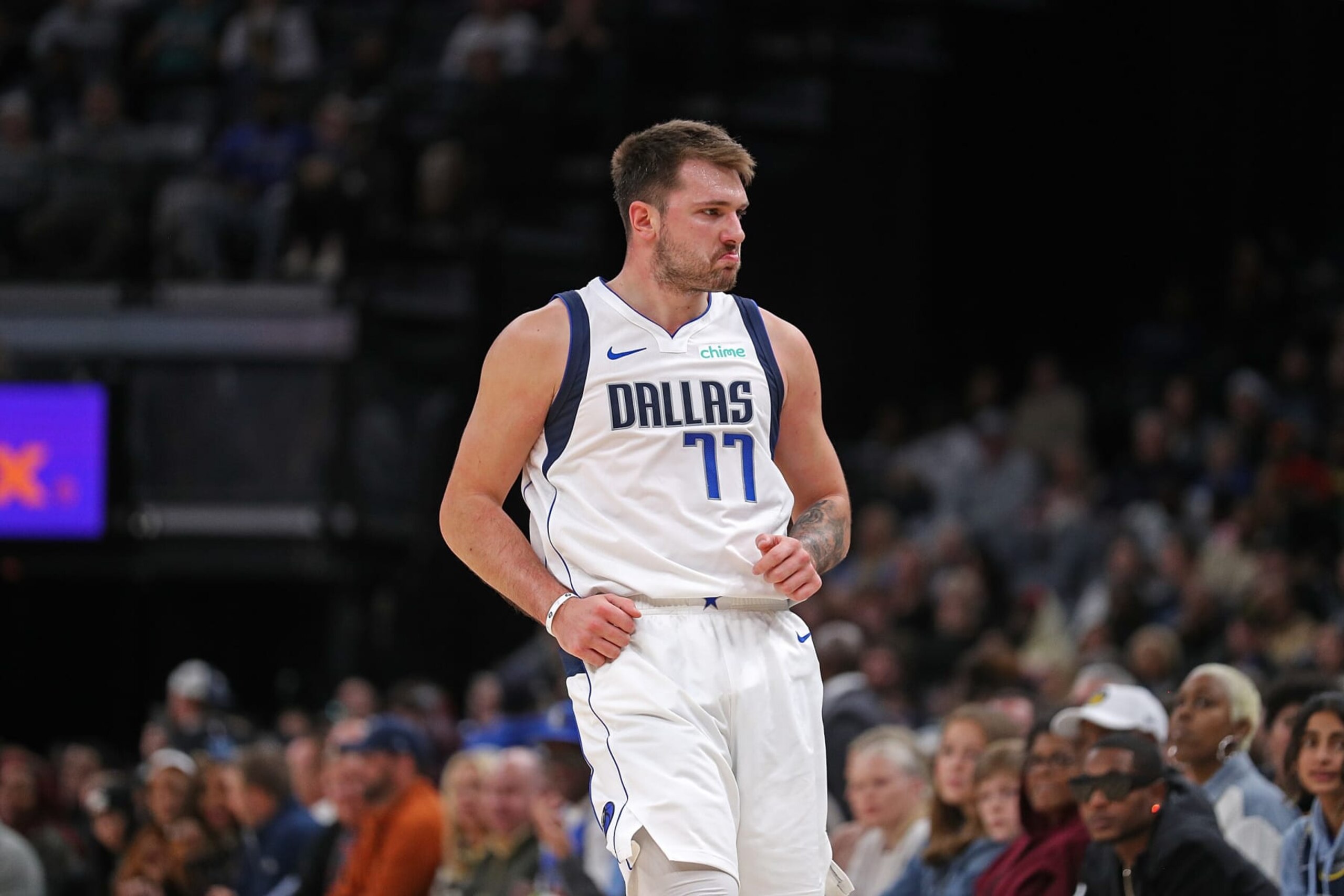 MEMPHIS, TENNESSEE - OCTOBER 30: Luka Doncic #77 of the Dallas Mavericks reacts during the first half against the Memphis Grizzlies at FedExForum on October 30, 2023 in Memphis, Tennessee. NOTE TO USER: User expressly acknowledges and agrees that, by downloading and or using this photograph, User is consenting to the terms and conditions of the Getty Images License Agreement. (Photo by Justin Ford/Getty Images)