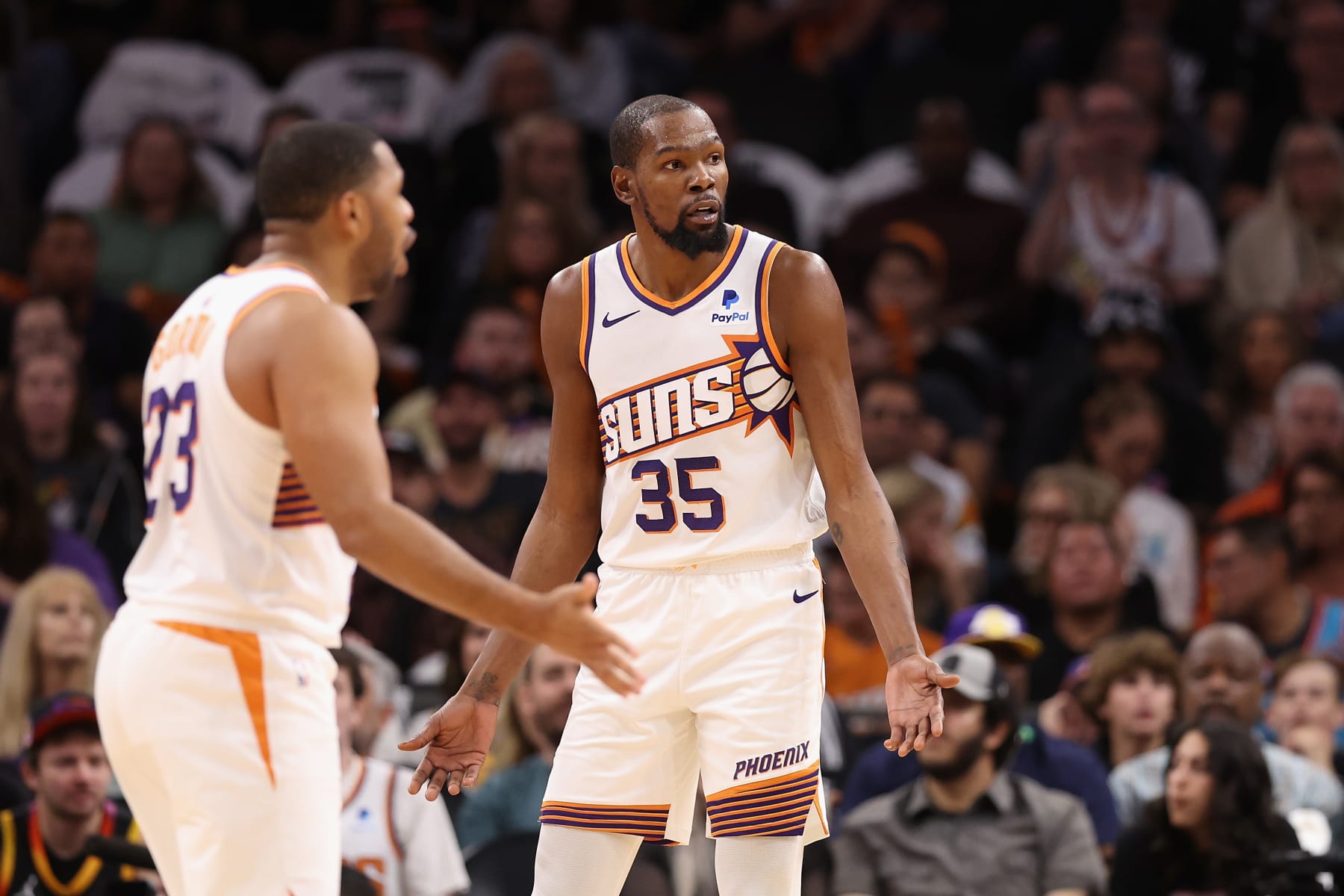 PHOENIX, ARIZONA - OCTOBER 28: Kevin Durant #35 of the Phoenix Suns reacts to a foul call during the first half of the NBA game against the Utah Jazz at Footprint Center on October 28, 2023 in Phoenix, Arizona. The Suns defeated the Jazz 126-104. NOTE TO USER: User expressly acknowledges and agrees that, by downloading and or using this photograph, User is consenting to the terms and conditions of the Getty Images License Agreement.  (Photo by Christian Petersen/Getty Images)