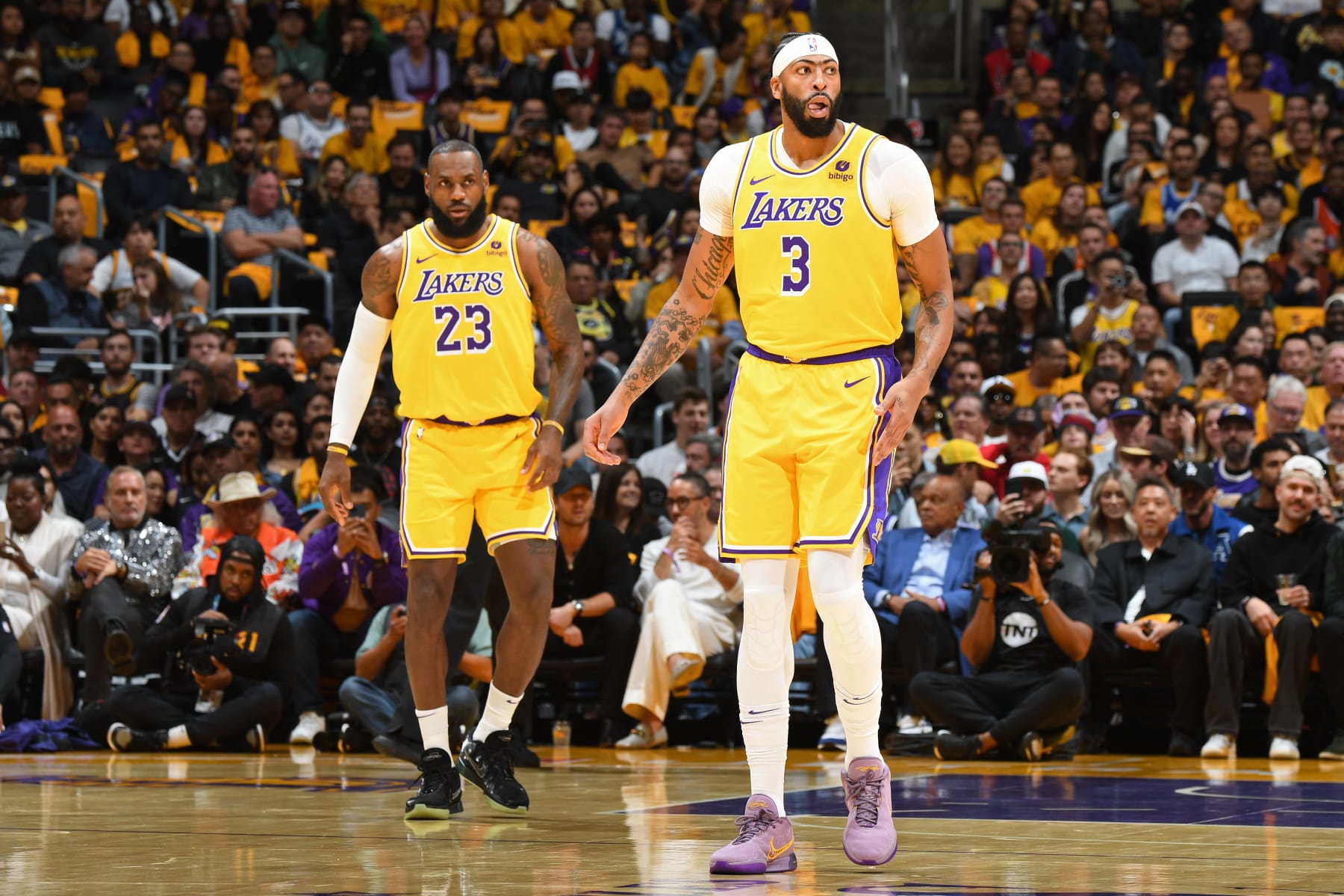 LOS ANGELES, CA - OCTOBER 26: LeBron James #23  and Anthony Davis #3 of the Los Angeles Lakers look on during the game against the Phoenix Suns on October 26, 2023 at Crypto.Com Arena in Los Angeles, California. NOTE TO USER: User expressly acknowledges and agrees that, by downloading and/or using this Photograph, user is consenting to the terms and conditions of the Getty Images License Agreement. Mandatory Copyright Notice: Copyright 2023 NBAE (Photo by Andrew D. Bernstein/NBAE via Getty Images)