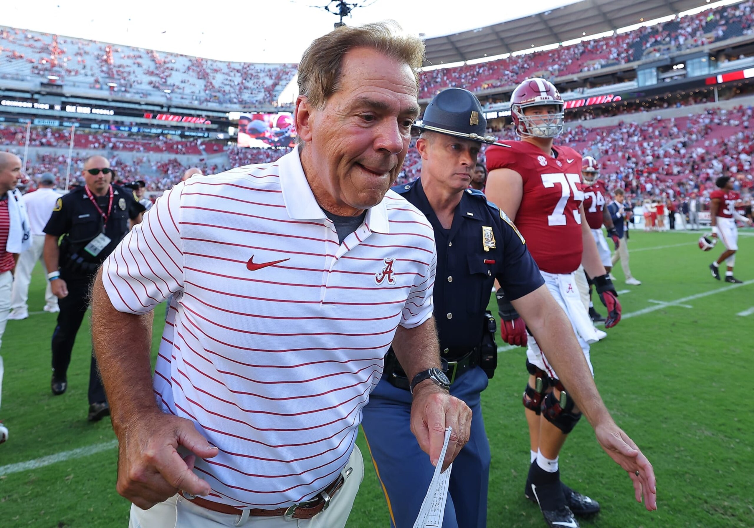 TUSCALOOSA, ALABAMA - SEPTEMBER 23:  Head coach Nick Saban of the Alabama Crimson Tide reacts after their 24-10 win over the Mississippi Rebels at Bryant-Denny Stadium on September 23, 2023 in Tuscaloosa, Alabama. (Photo by Kevin C. Cox/Getty Images)