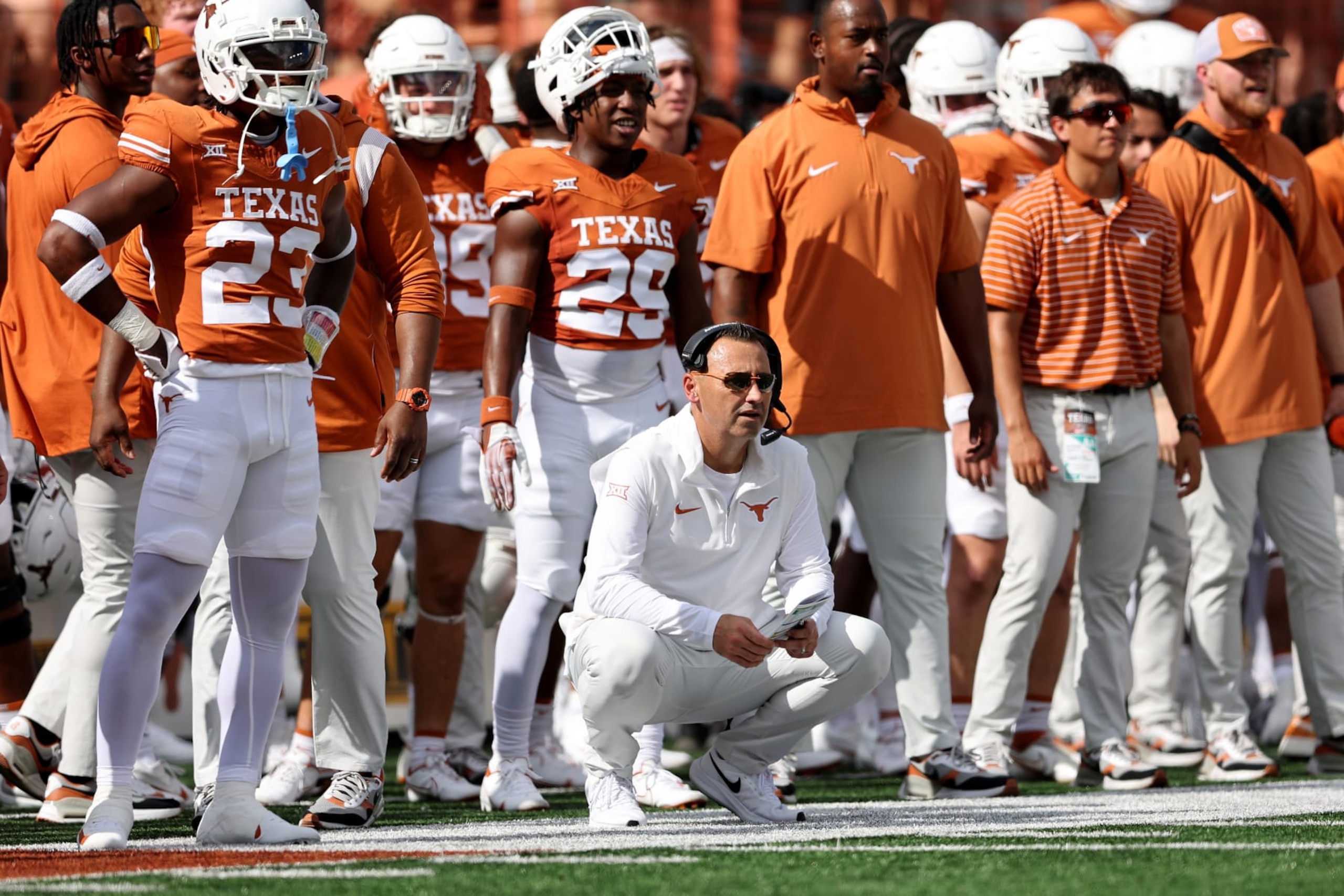 AUSTIN, TEXAS - OCTOBER 28: Head coach Steve Sarkisian of the Texas Longhorns watches from the sideline in the first half against the Brigham Young Cougars at Darrell K Royal-Texas Memorial Stadium on October 28, 2023 in Austin, Texas. (Photo by Tim Warner/Getty Images)