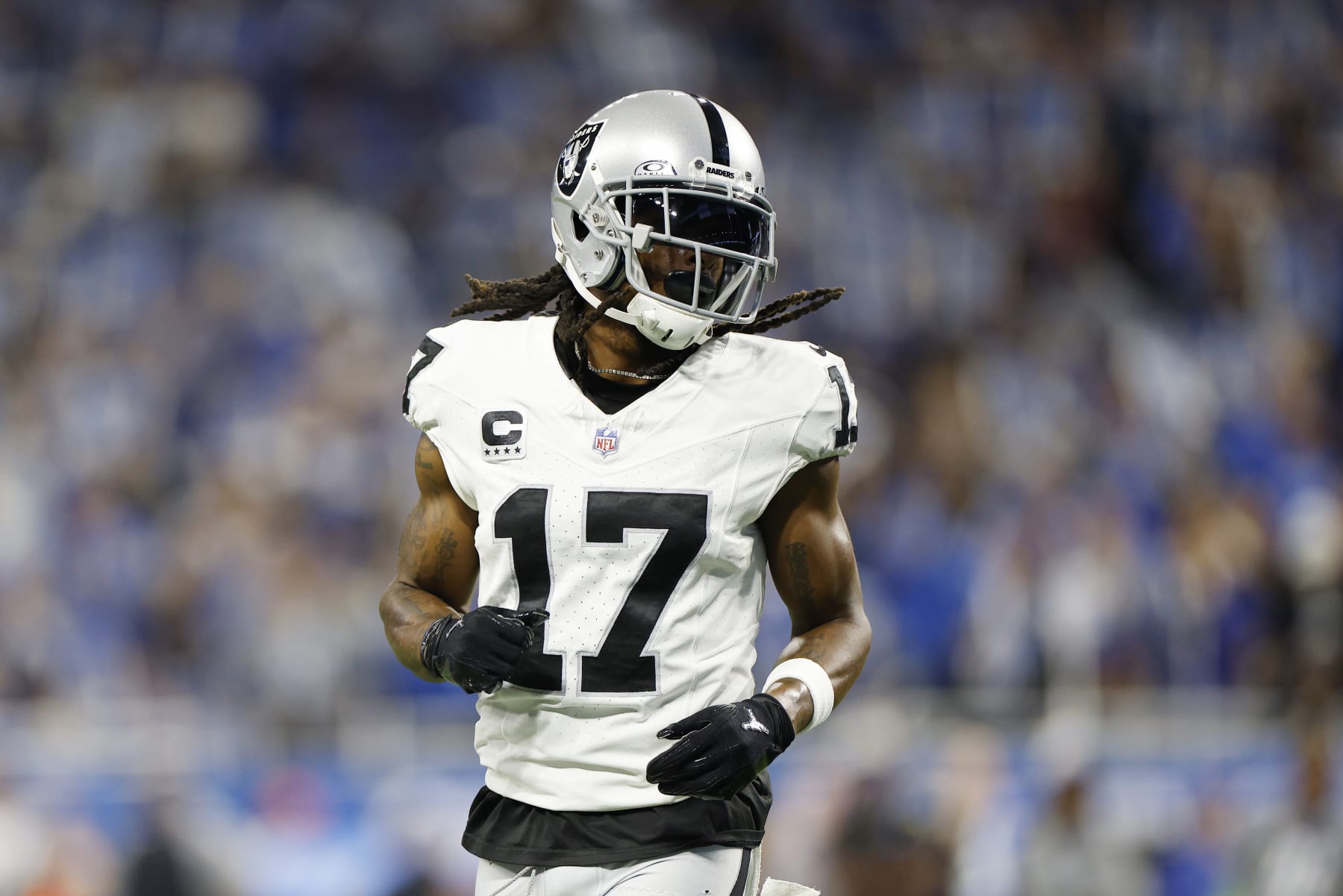 DETROIT, MICHIGAN - OCTOBER 30:  Davante Adams #17 of the Las Vegas Raiders looks on in the second quarter against the Detroit Lions at Ford Field on October 30, 2023 in Detroit, Michigan. (Photo by Mike Mulholland/Getty Images)