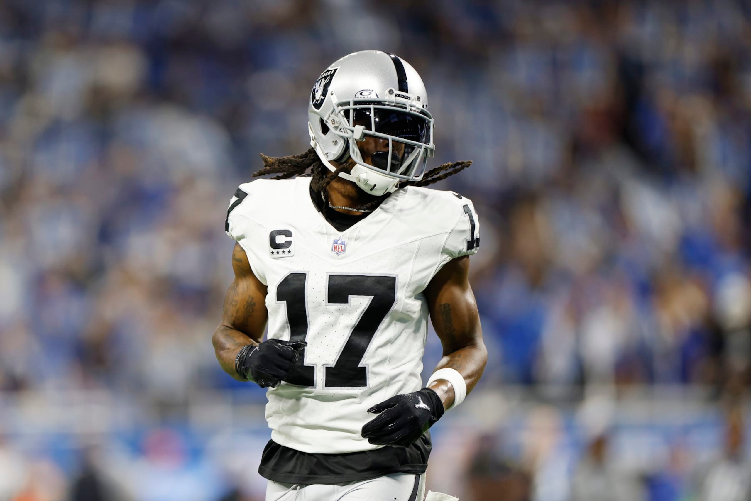 DETROIT, MICHIGAN - OCTOBER 30:  Davante Adams #17 of the Las Vegas Raiders looks on in the second quarter against the Detroit Lions at Ford Field on October 30, 2023 in Detroit, Michigan. (Photo by Mike Mulholland/Getty Images)