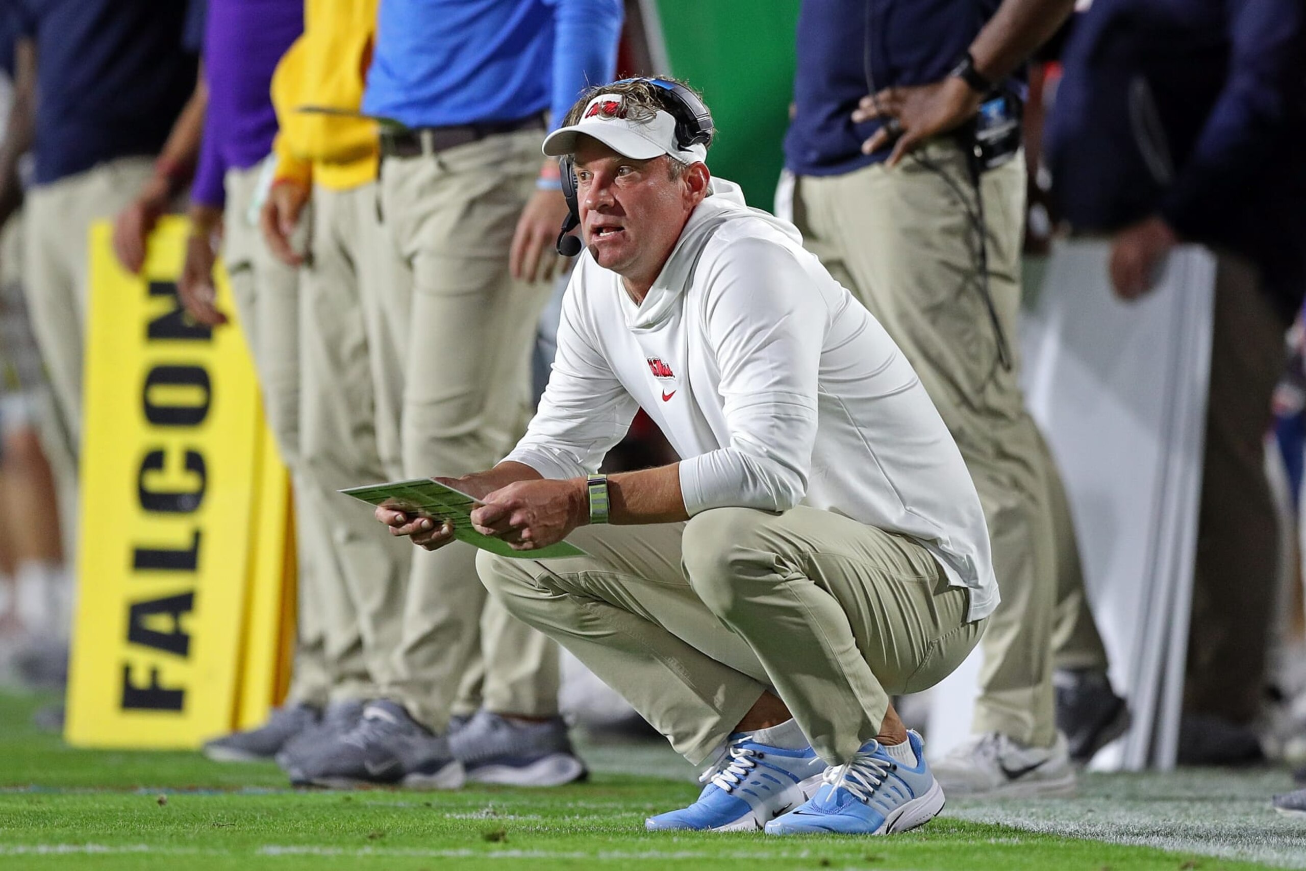 OXFORD, MISSISSIPPI - OCTOBER 28: Head coach Lane Kiffin of the Mississippi Rebels during the first half against the Vanderbilt Commodores at Vaught-Hemingway Stadium on October 28, 2023 in Oxford, Mississippi. (Photo by Justin Ford/Getty Images)