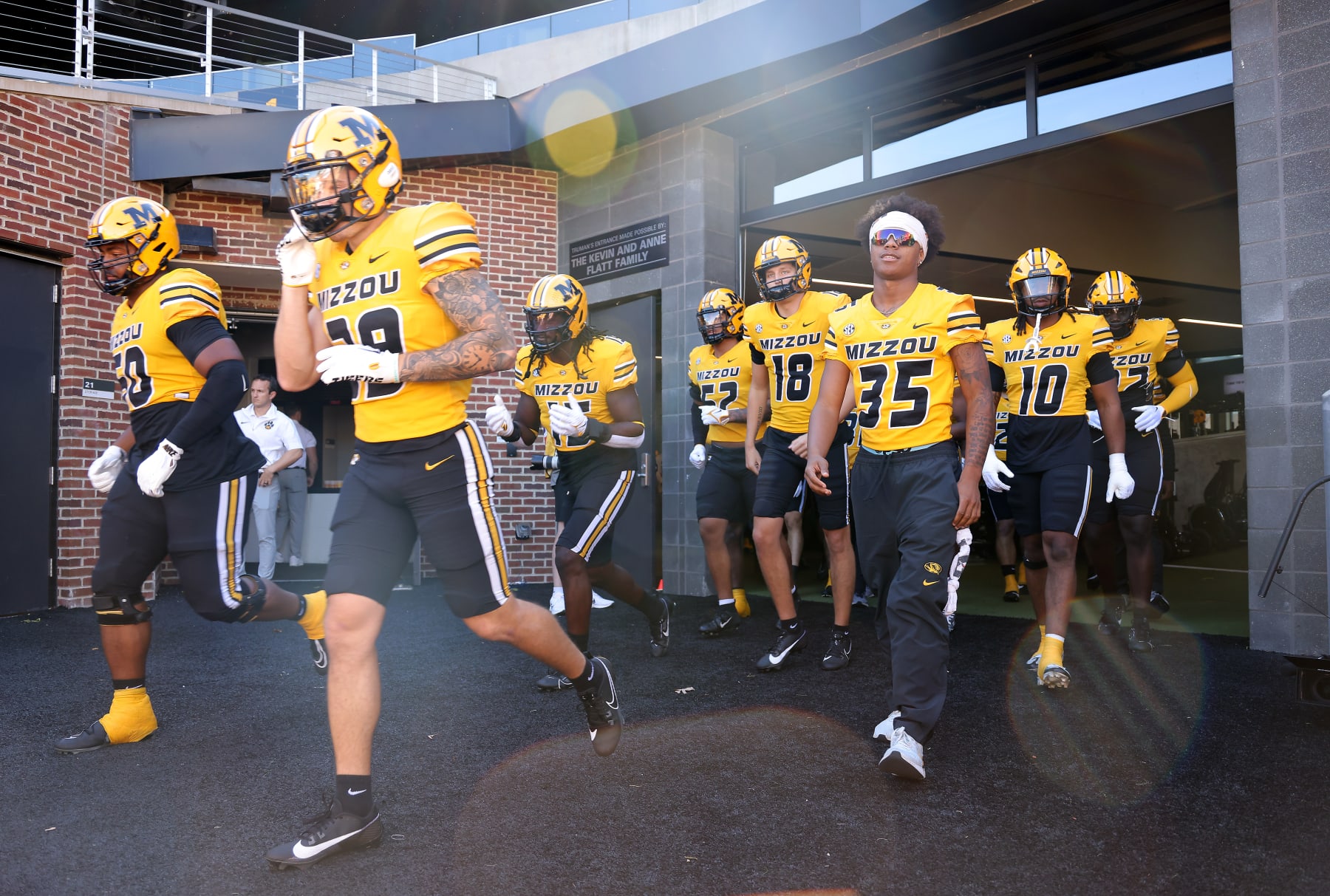 COLUMBIA, MISSOURI - OCTOBER 21:  Missouri Tigers players exit the locker room prior to the game against the South Carolina Gamecocks at Faurot Field/Memorial Stadium on October 21, 2023 in Columbia, Missouri. (Photo by Jamie Squire/Getty Images)