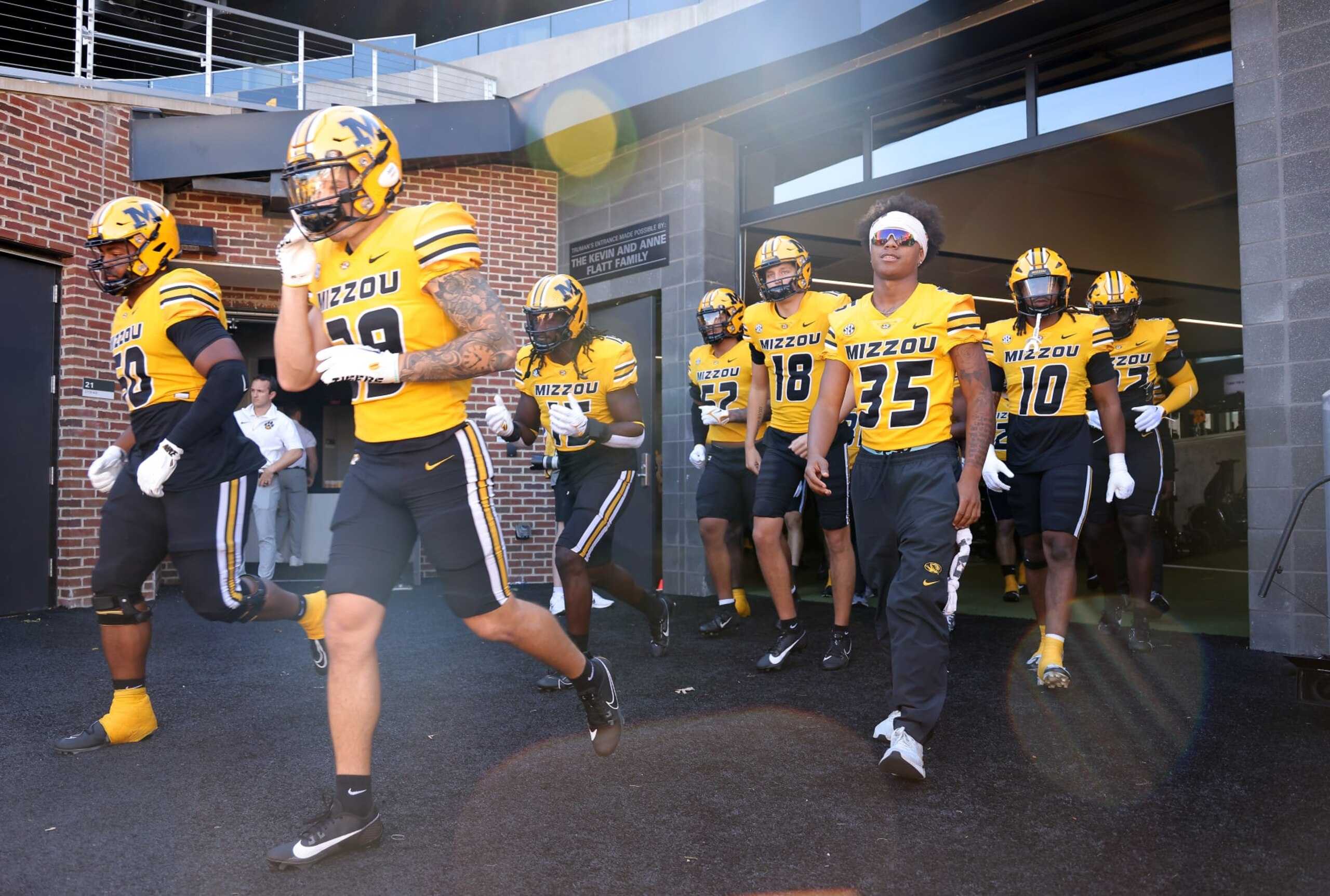 COLUMBIA, MISSOURI - OCTOBER 21:  Missouri Tigers players exit the locker room prior to the game against the South Carolina Gamecocks at Faurot Field/Memorial Stadium on October 21, 2023 in Columbia, Missouri. (Photo by Jamie Squire/Getty Images)