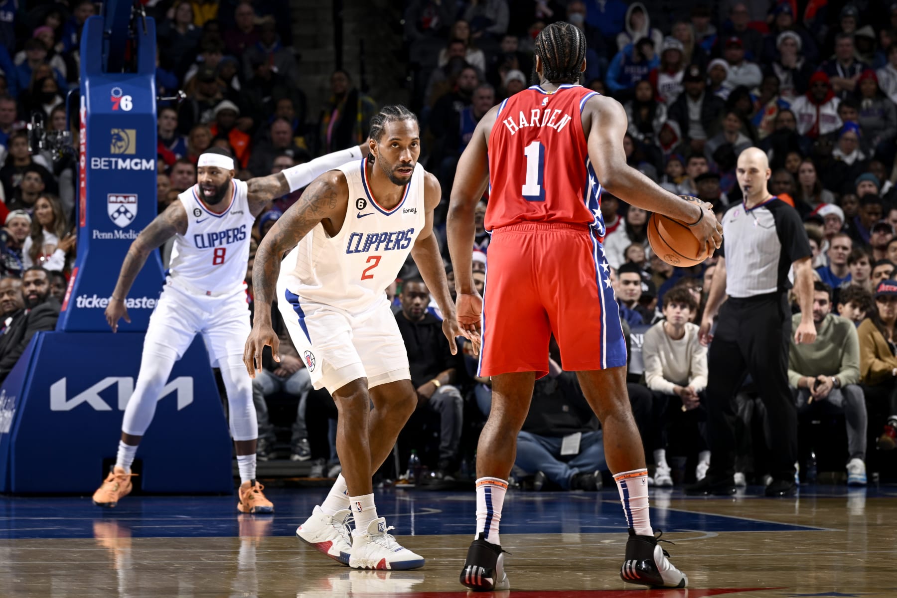 Marcus Morris Sr., Kawhi Leonard and James Harden