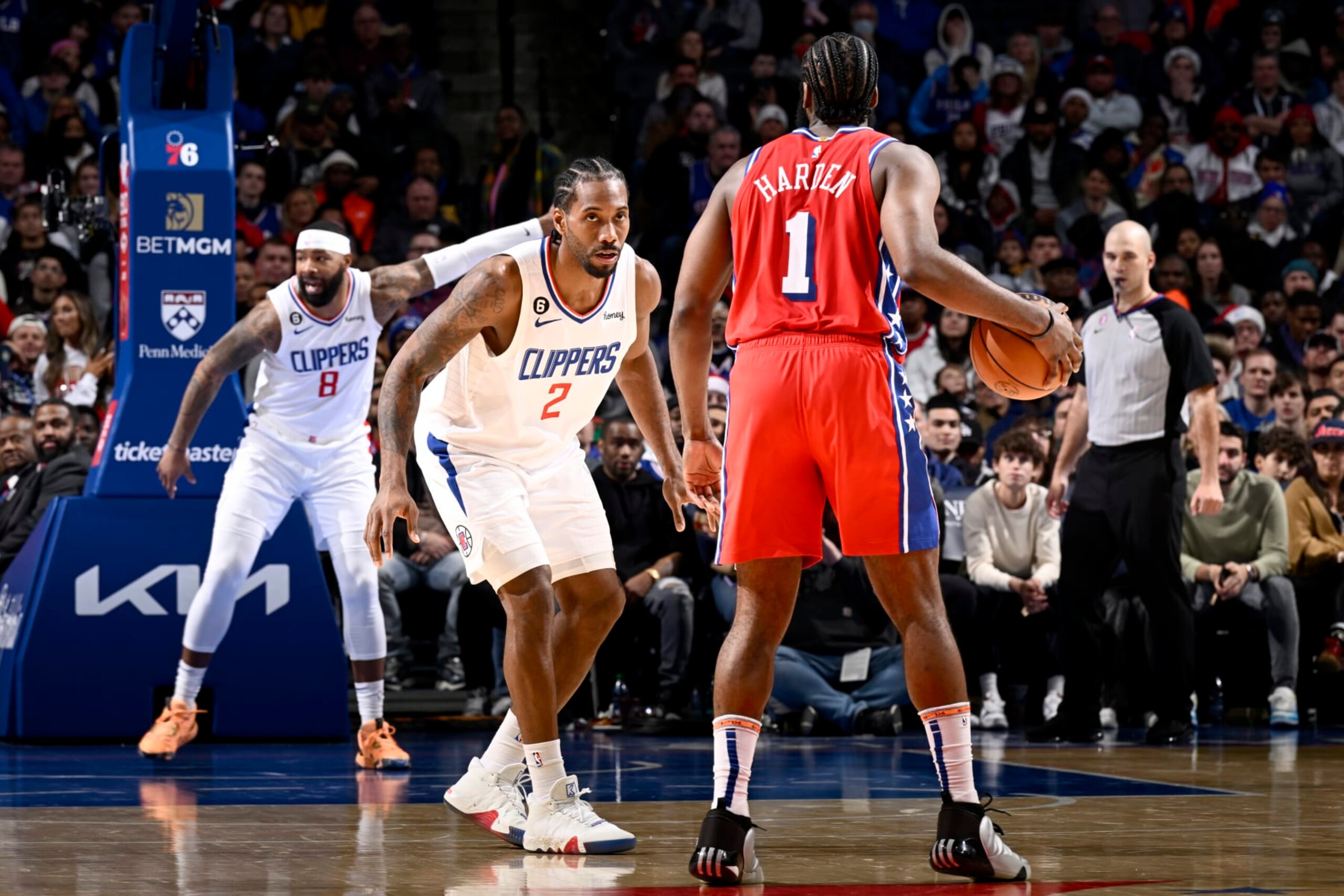 Marcus Morris Sr., Kawhi Leonard and James Harden
