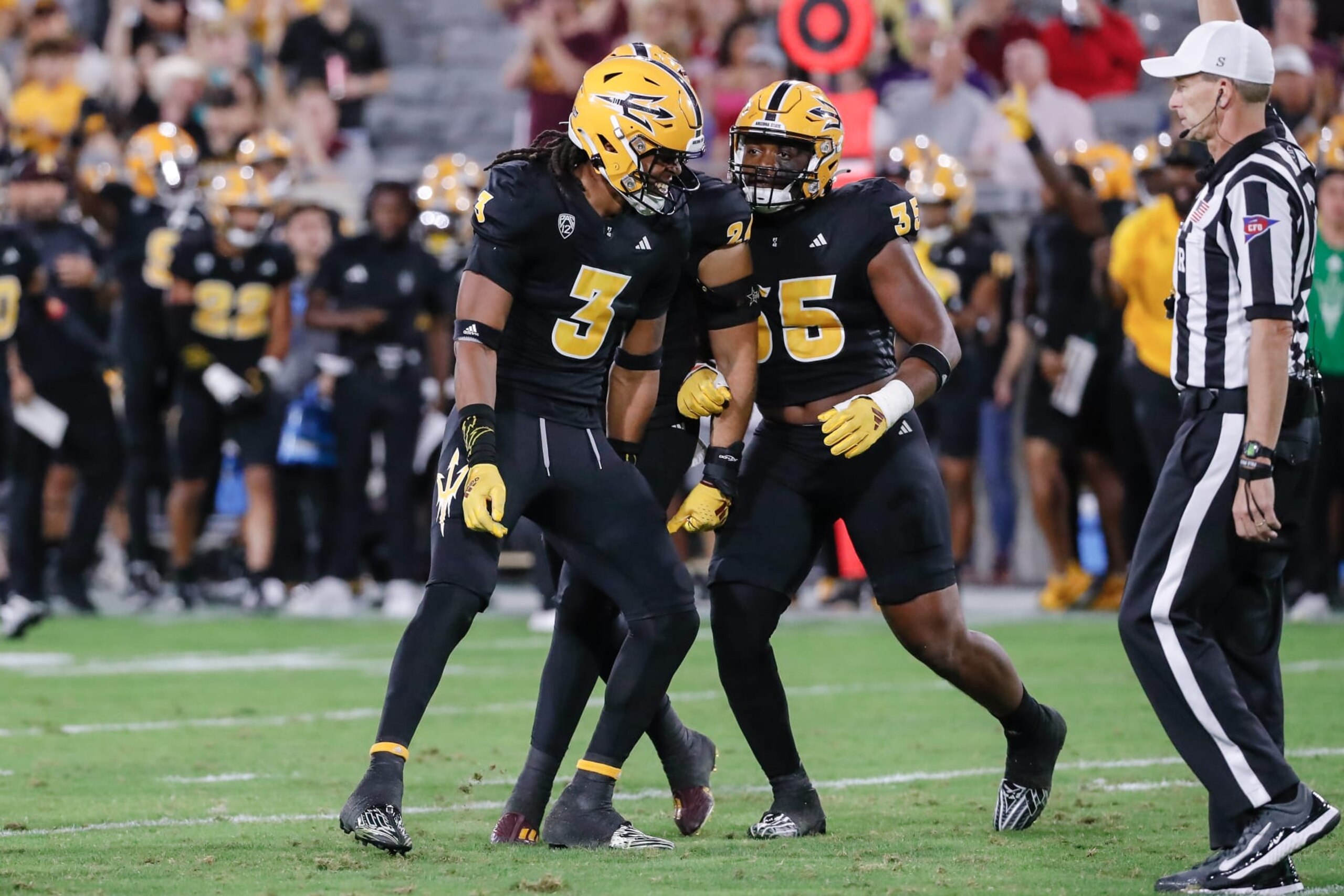 TEMPE, AZ - OCTOBER 28:  Arizona State Sun Devils defensive lineman Clayton Smith (3) reacts after sacking Washington State Cougars quarterback Cameron Ward (1) during the college football game between the Washington State Cougars and the Arizona State Sun Devils on October 28, 2023 at Mountain America Stadium in Tempe, Arizona. (Photo by Kevin Abele/Icon Sportswire via Getty Images)