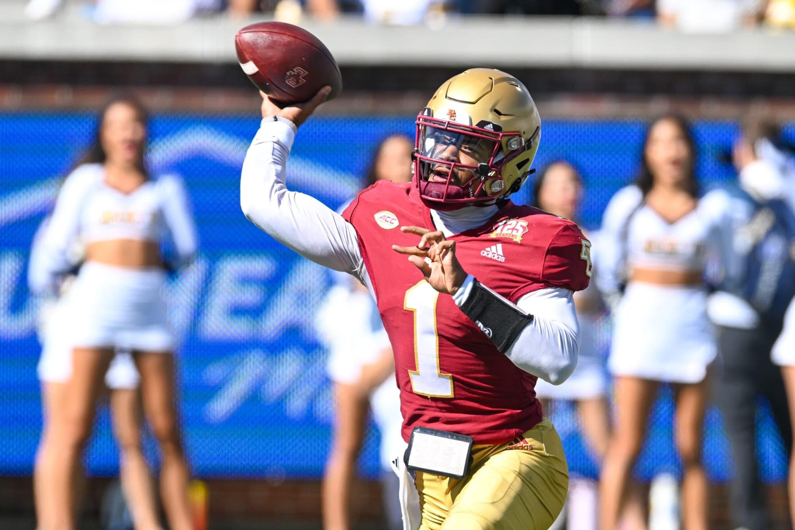 ATLANTA, GA  OCTOBER 21:  Boston College quarterback Thomas Castellanos (1) throws a pass during the college football game between the Boston College Eagles and the Georgia Tech Yellow Jackets on October 21st, 2023 at Bobby Dodd Stadium in Atlanta, GA.  (Photo by Rich von Biberstein/Icon Sportswire via Getty Images)