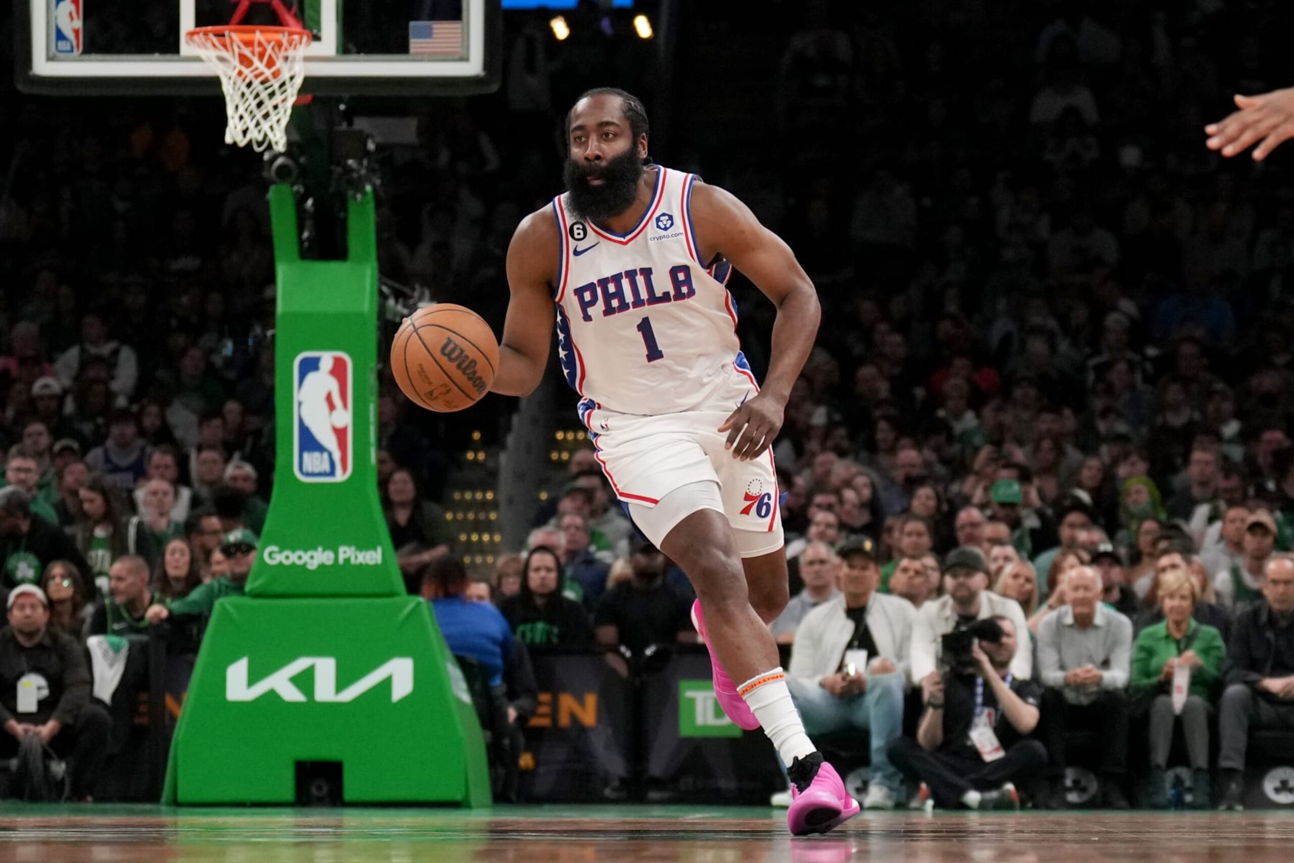 BOSTON, MA - MAY 9: James Harden #1 of the Philadelphia 76ers dribbles the ball during the game against the Boston Celtics during Game 5 of the 2023 NBA Playoffs Eastern Conference semi-finals on MAY 9, 2023 at the TD Garden in Boston, Massachusetts. NOTE TO USER: User expressly acknowledges and agrees that, by downloading and or using this photograph, User is consenting to the terms and conditions of the Getty Images License Agreement. Mandatory Copyright Notice: Copyright 2023 NBAE  (Photo by Jesse D. Garrabrant/NBAE via Getty Images)