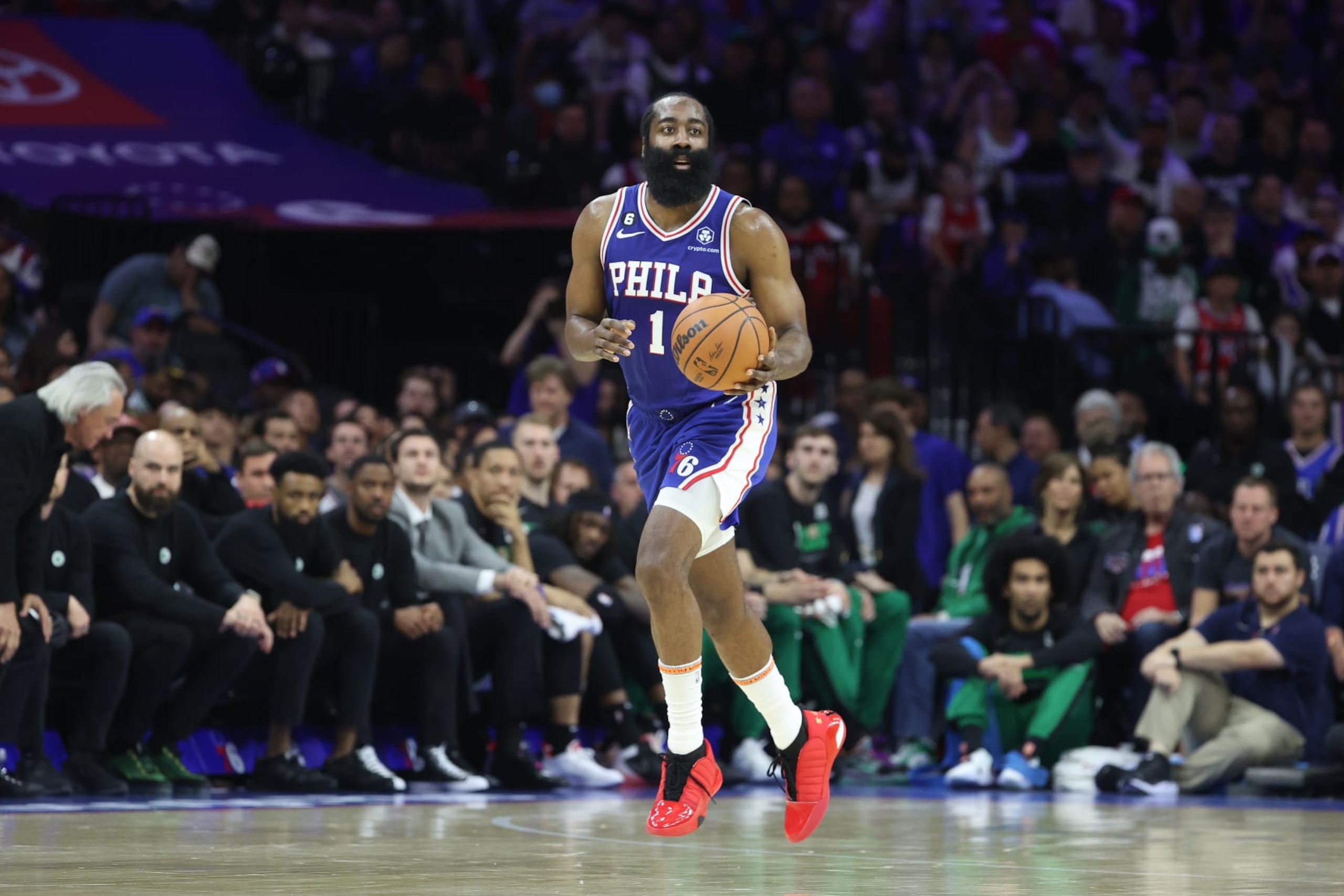 PHILADELPHIA, PENNSYLVANIA - MAY 07: James Harden #1 of the Philadelphia 76ers dribbles against the Boston Celtics during the third quarter in game four of the Eastern Conference Second Round Playoffs at Wells Fargo Center on May 07, 2023 in Philadelphia, Pennsylvania. NOTE TO USER: User expressly acknowledges and agrees that, by downloading and or using this photograph, User is consenting to the terms and conditions of the Getty Images License Agreement. (Photo by Tim Nwachukwu/Getty Images)