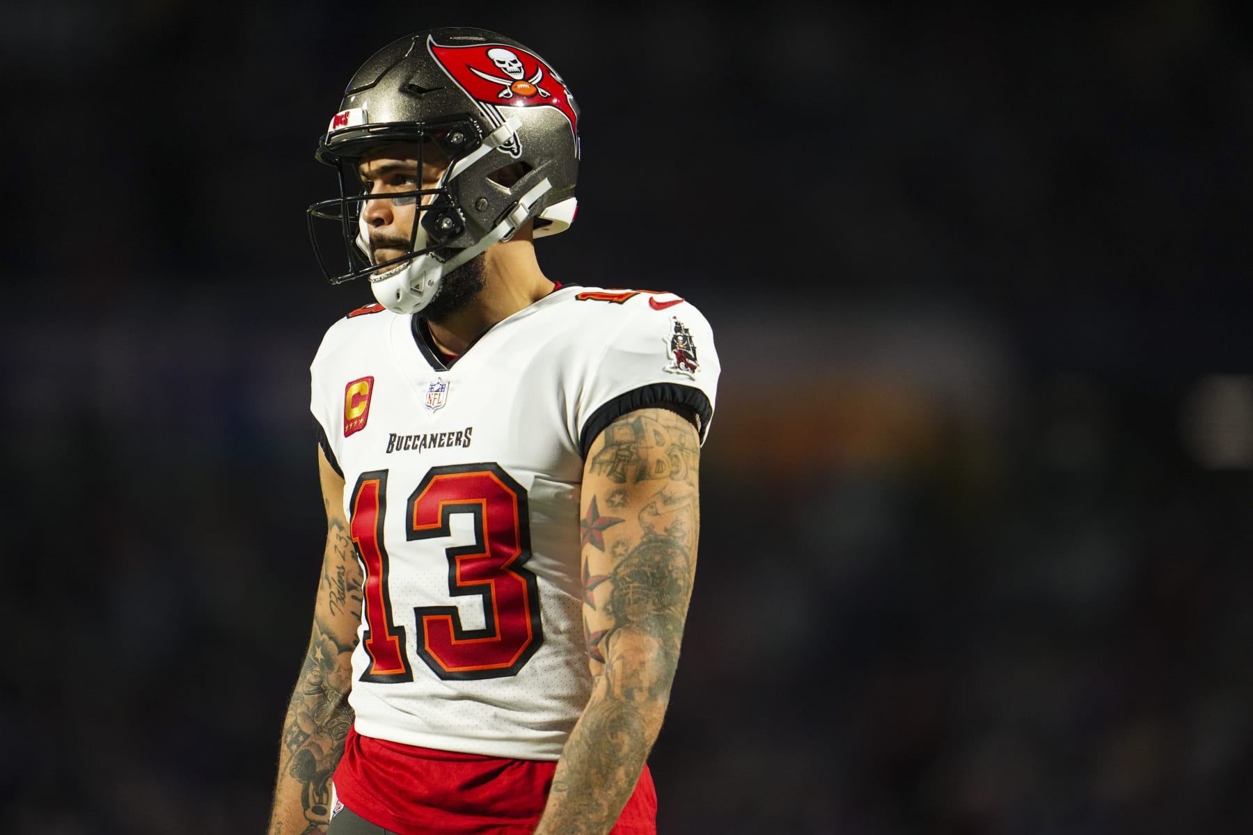 ORCHARD PARK, NY - OCTOBER 26: Mike Evans #13 of the Tampa Bay Buccaneers looks on from the field during an NFL football game against the Buffalo Bills at Highmark Stadium on October 26, 2023 in Orchard Park, New York. (Photo by Cooper Neill/Getty Images)