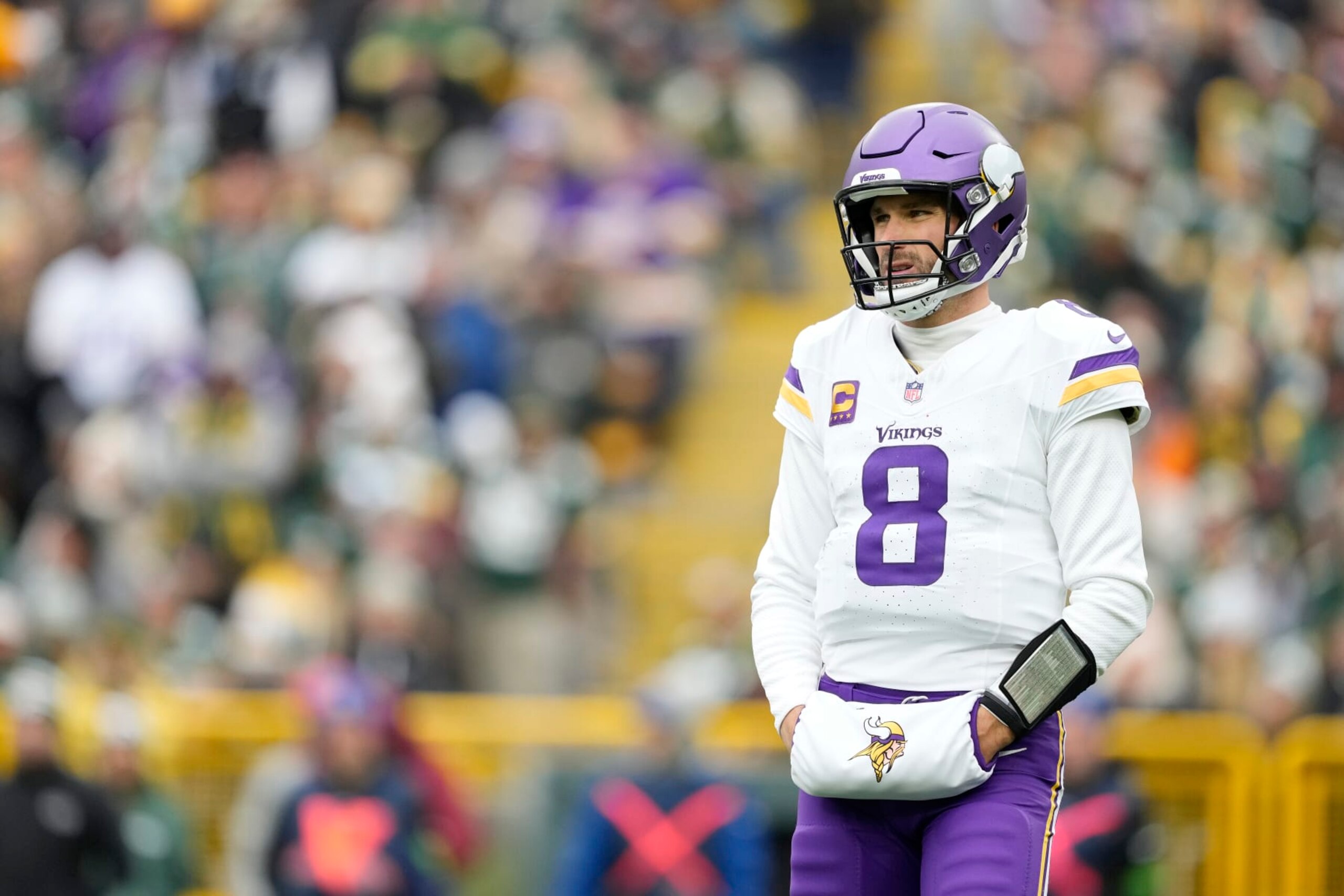 GREEN BAY, WISCONSIN - OCTOBER 29: Kirk Cousins #8 of the Minnesota Vikings looks on in the first half against the Green Bay Packers at Lambeau Field on October 29, 2023 in Green Bay, Wisconsin. (Photo by Patrick McDermott/Getty Images) GREEN BAY, WISCONSIN - OCTOBER 29: Kirk Cousins #8 of the Minnesota Vikings looks on in the first half against the Green Bay Packers at Lambeau Field on October 29, 2023 in Green Bay, Wisconsin. (Photo by Patrick McDermott/Getty Images)