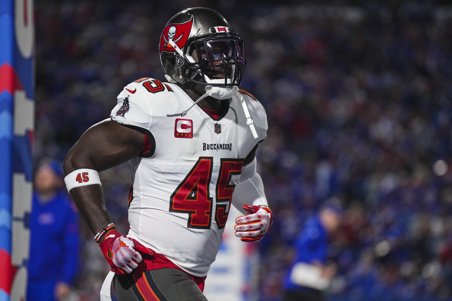 ORCHARD PARK, NY - OCTOBER 26: Devin White #45 of the Tampa Bay Buccaneers runs onto the field prior to an NFL football game against the Buffalo Bills at Highmark Stadium on October 26, 2023 in Orchard Park, New York. (Photo by Cooper Neill/Getty Images)