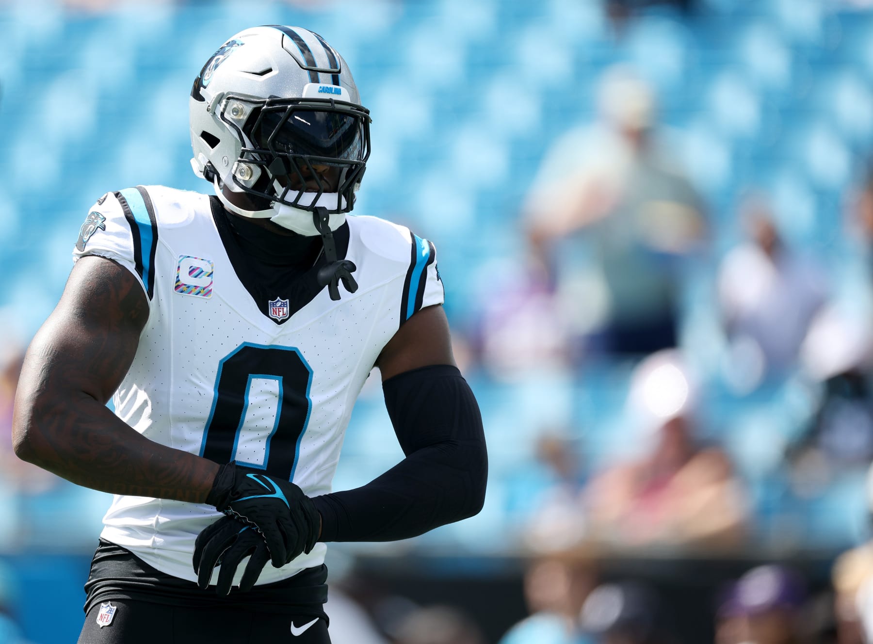 CHARLOTTE, NORTH CAROLINA - OCTOBER 01: Brian Burns #0 of the Carolina Panthers warms up prior to their game against the Minnesota Vikings at Bank of America Stadium on October 01, 2023 in Charlotte, North Carolina. (Photo by Jared C. Tilton/Getty Images)