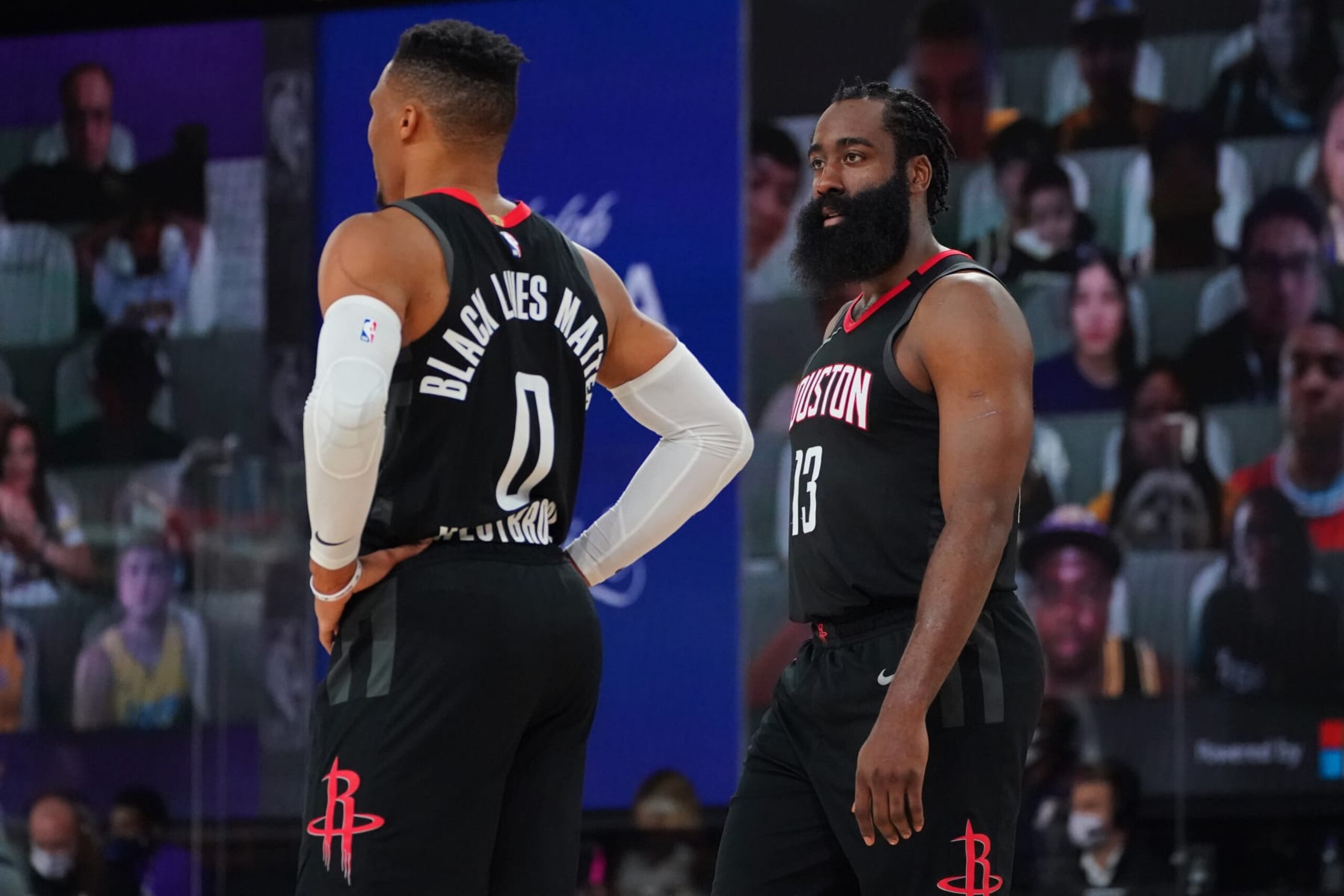 ORLANDO, FL - SEPTEMBER 12: Russell Westbrook #0 and James Harden #13 of the Houston Rockets look on during the game against the Los Angeles Lakers during Game Five of the Western Conference SemiFinals of the NBA Playoffs on September 12, 2020 at AdventHealth Arena in Orlando, Florida. NOTE TO USER: User expressly acknowledges and agrees that, by downloading and/or using this Photograph, user is consenting to the terms and conditions of the Getty Images License Agreement. Mandatory Copyright Notice: Copyright 2020 NBAE (Photo by Jesse D. Garrabrant/NBAE via Getty Images)
