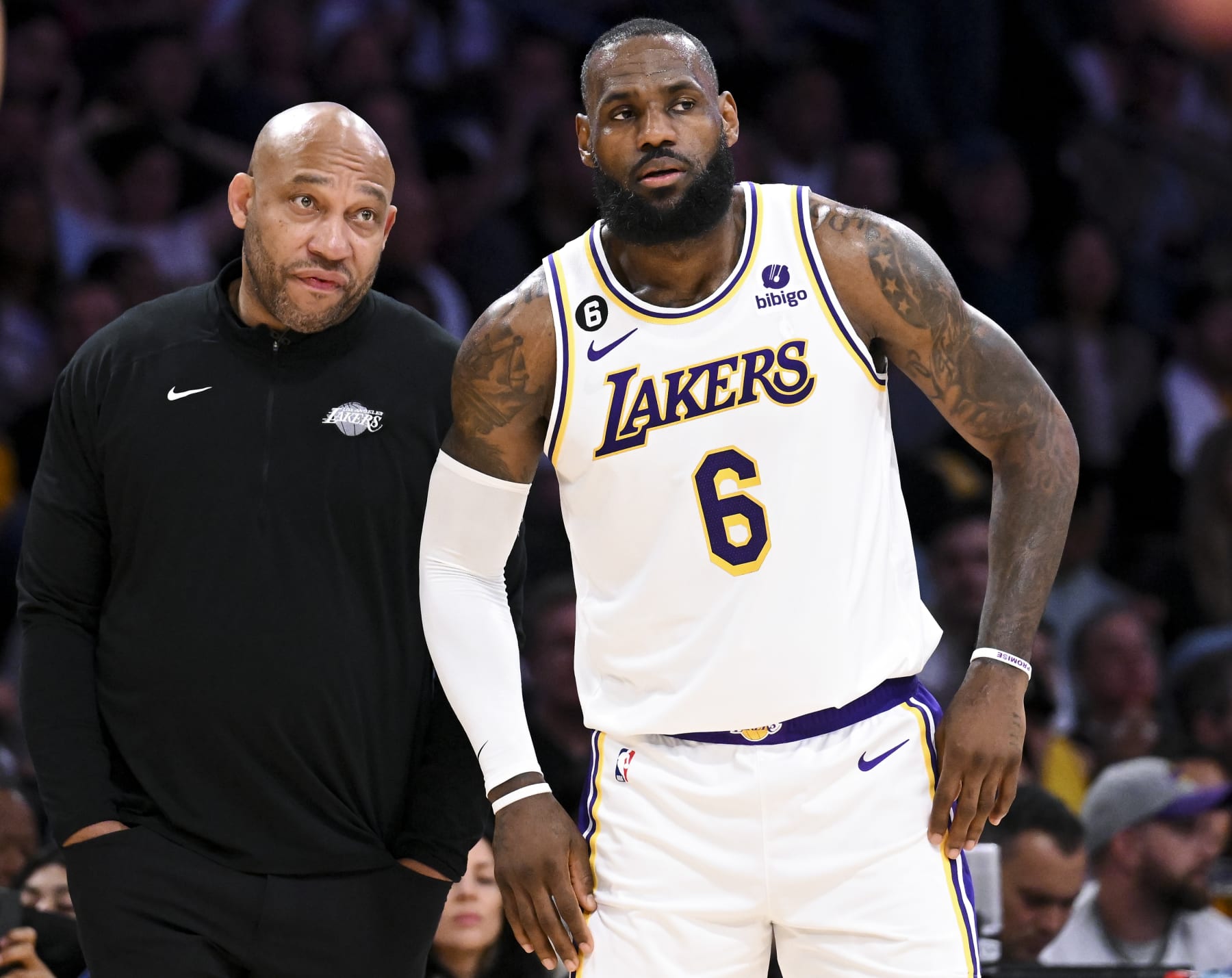 LOS ANGELES, CA - MAY 20: Los Angeles Lakers forward LeBron James, right, talks with head coach Darvin Ham during the second quarter of game three in the NBA Playoffs Western Conference Finals against the Denver Nuggets at Crypto.com Arena on Saturday, May 20, 2023 in Los Angeles, CA. (Wally Skalij / Los Angeles Times via Getty Images)